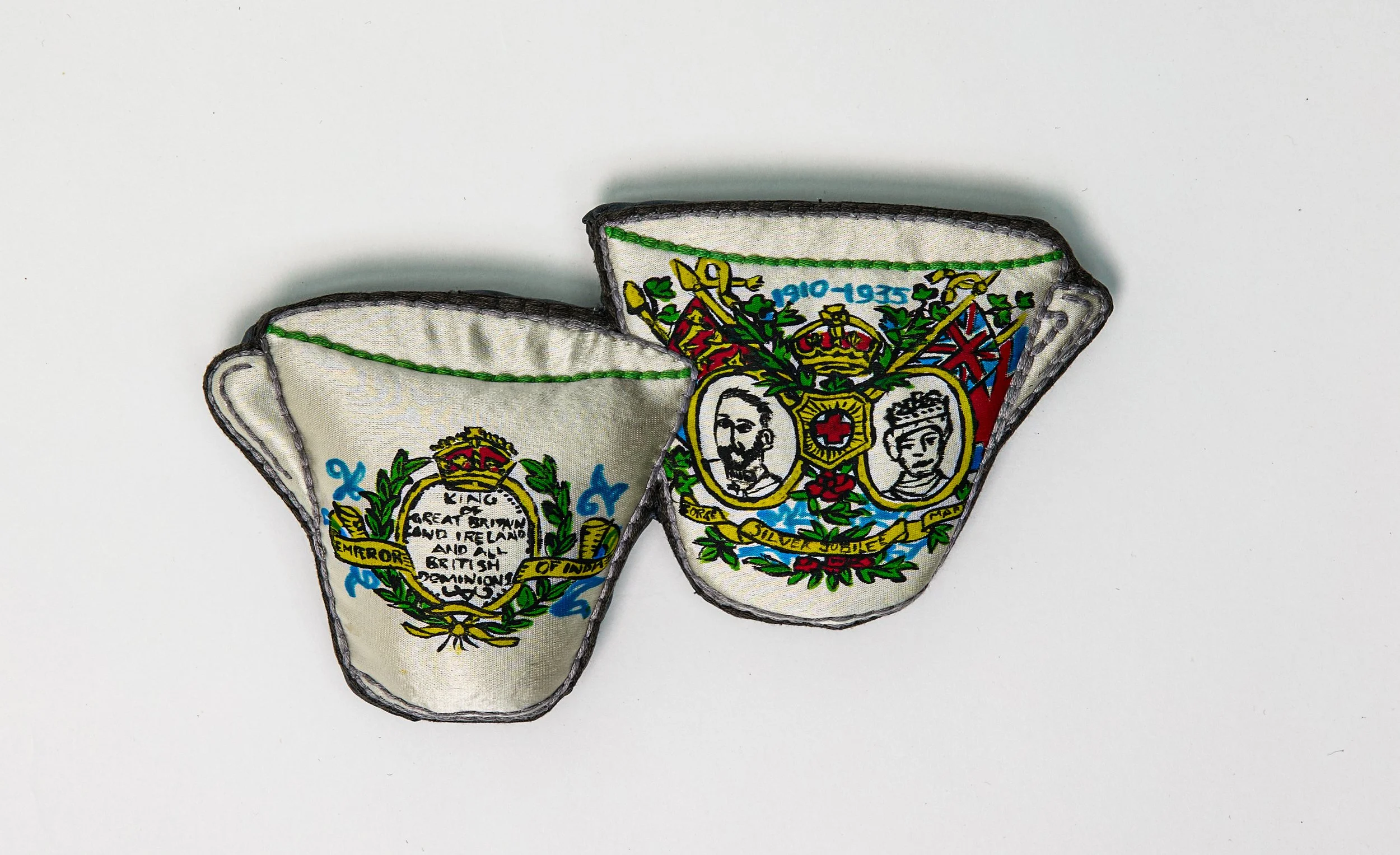 "Mum's Jubilee Cups" (2025), handpainted and hand-embroidered silk and other textiles, 12.5cm x 21cm x 3cm, £150