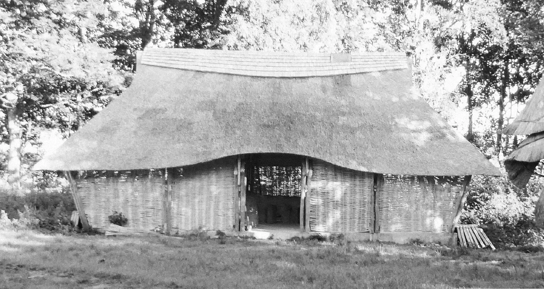 A black-and-white photo of a traditional hut with a thatched roof and bamboo walls, surrounded by trees.