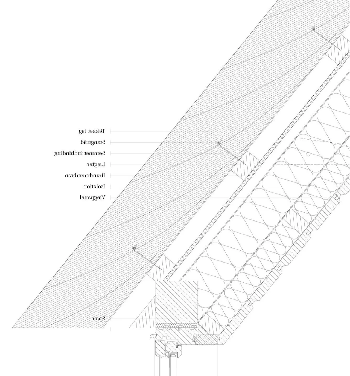 Architectural drawing of a roof cross-section showing layers including tile, underlayment, framing, insulation, sheathing, vapor barrier, and roof deck.