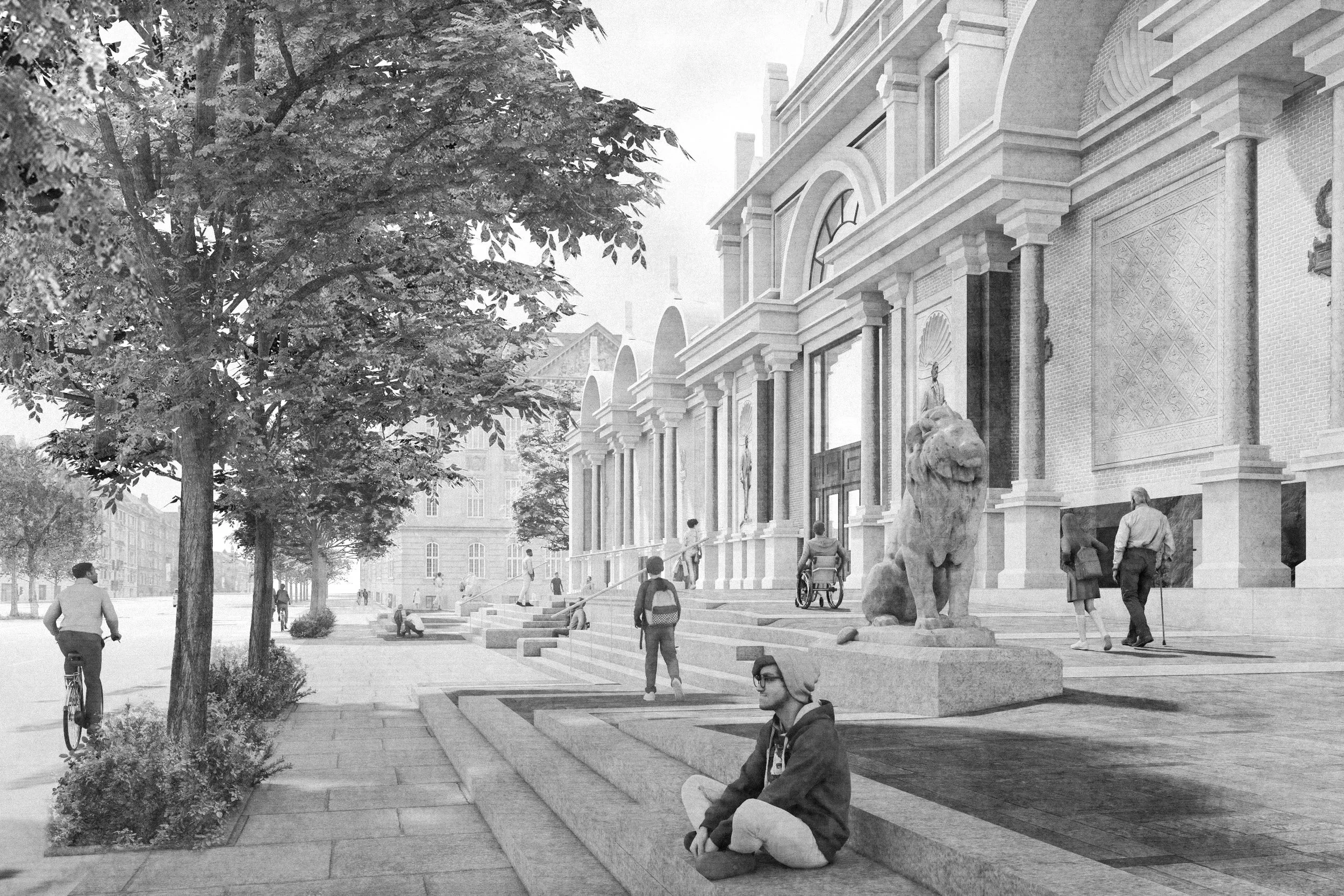 A grayscale digital rendering of a cityscape with a large, ornate public building featuring columns, sculptures, and decorative elements. People are walking, sitting, and riding bicycles along the sidewalk, with trees lining the street.