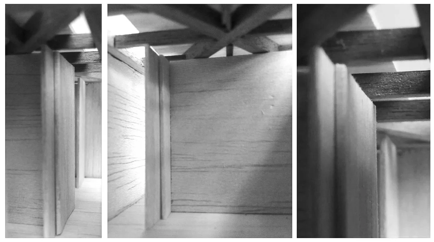 Close-up of wooden furniture parts, showing shelves and supports, in black and white.