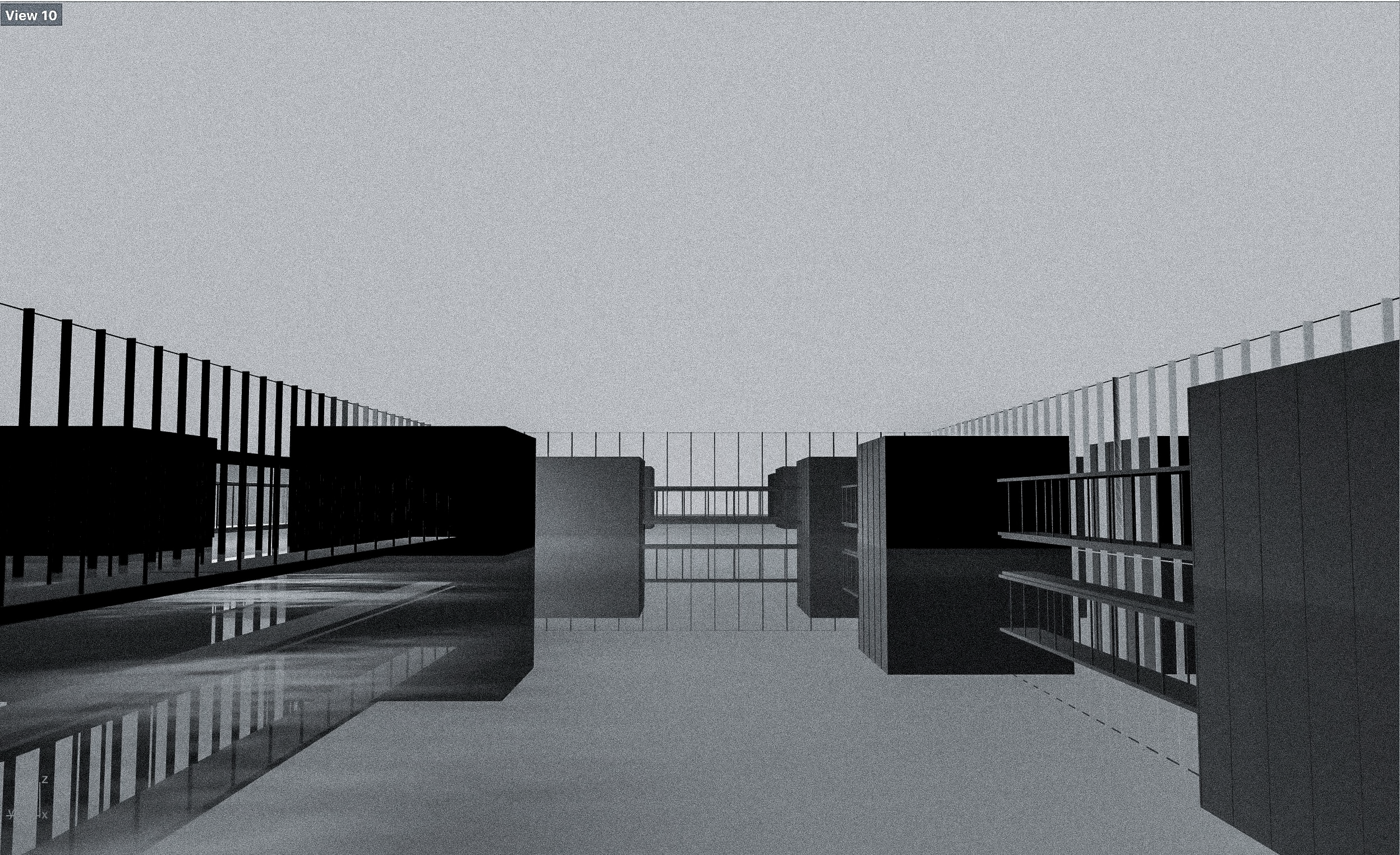 A modern architectural design featuring a symmetrical structure with glass and metal elements, mirror-like reflections on the floor, and a sky background.