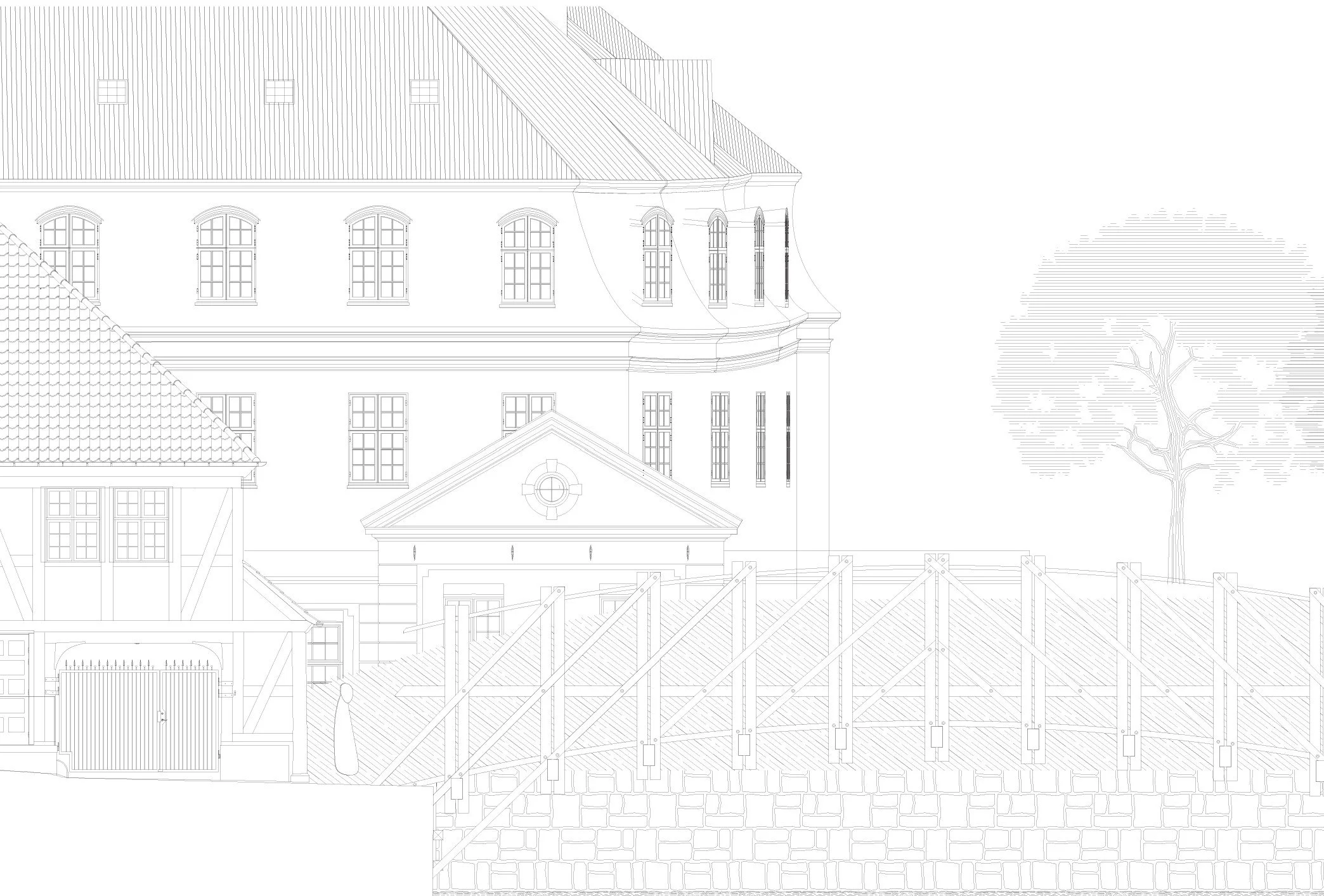 A line drawing of a multi-story classical-style building with arched and rectangular windows, a sloped roof, and decorative architectural elements, along with a fence, a stone wall, and a large tree in the background.