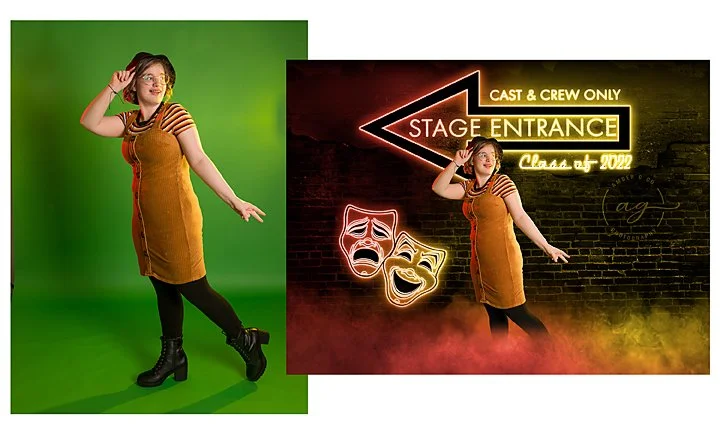 senior session on green screen to create a theater image