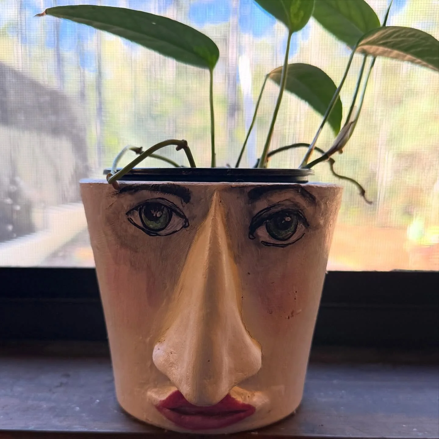 Ohhh this guy makes me smile! I made and this pot using a premade terracotta pot and added air dry clay! 

He hangs out in the window and always makes me smile. 

#tuacvessel #pottery #planter #artisthouse