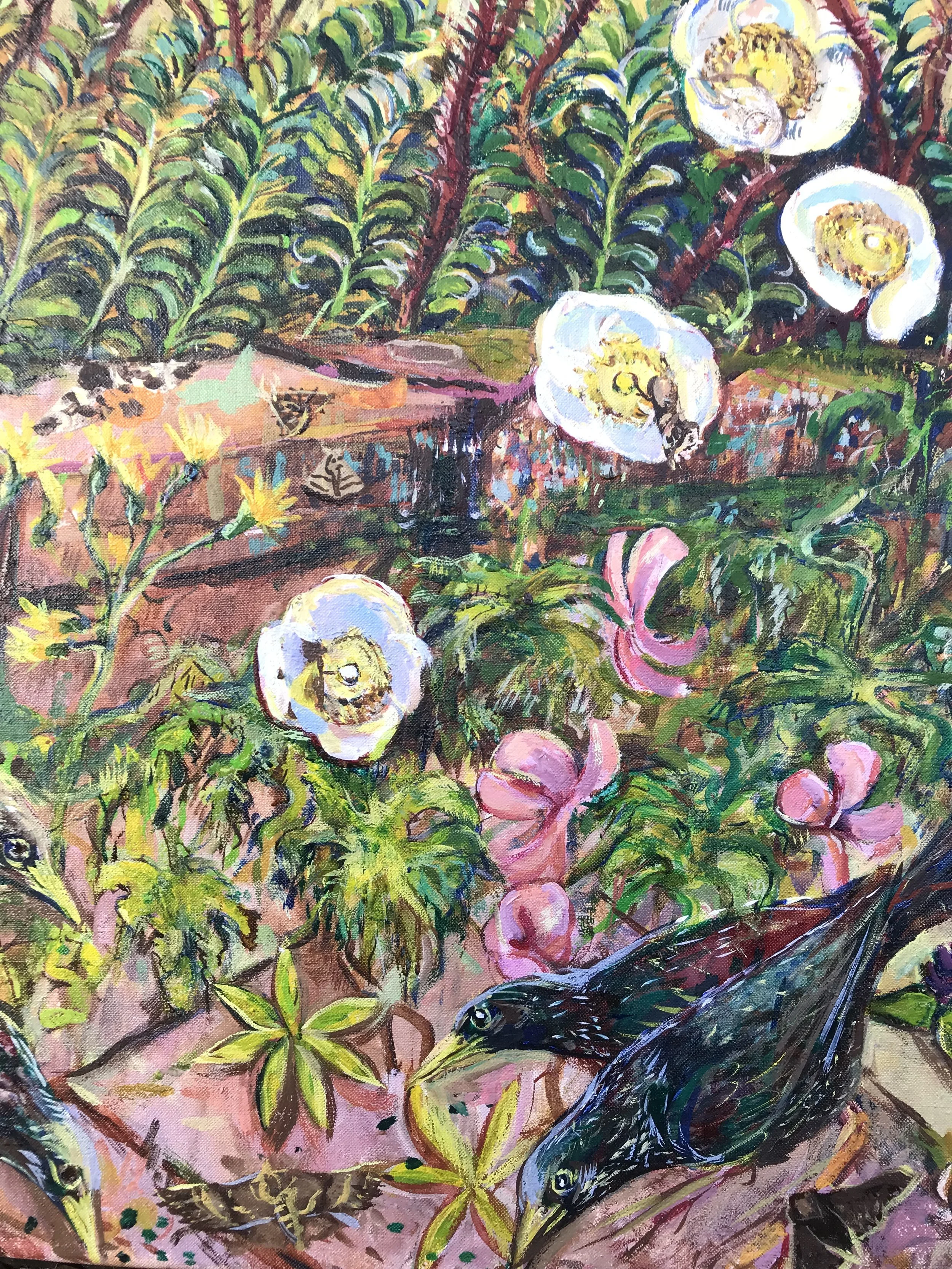 ROSES 
Wild Alba Rose with Starling, Moths, Self Heal.
summer show 2026  at the Royal Hibernian Academy in Dublin (detail)
120x90cm oil on fine Belgian linen 