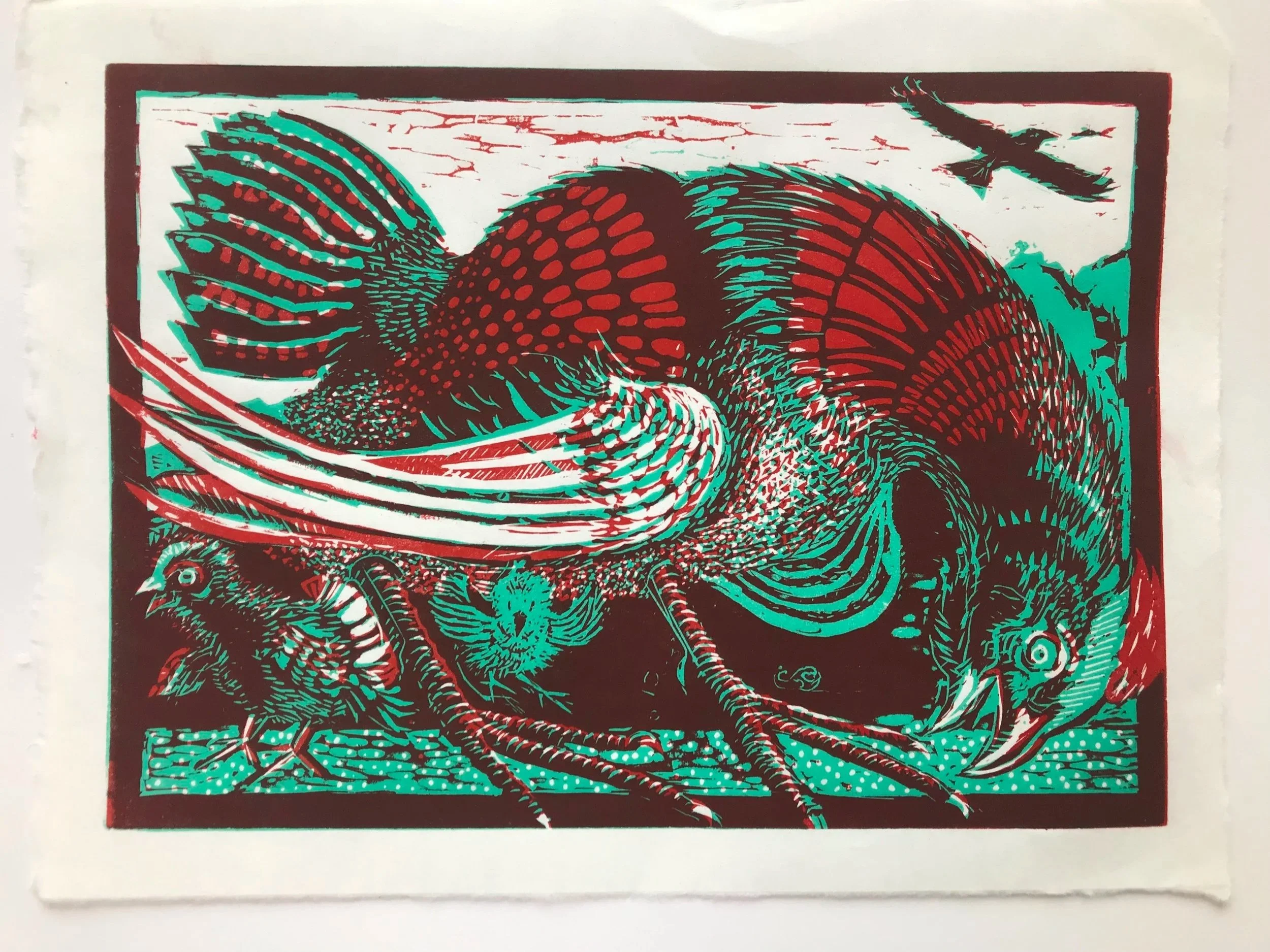 Mother Hen
 2 colour block linocut, £240 unframed