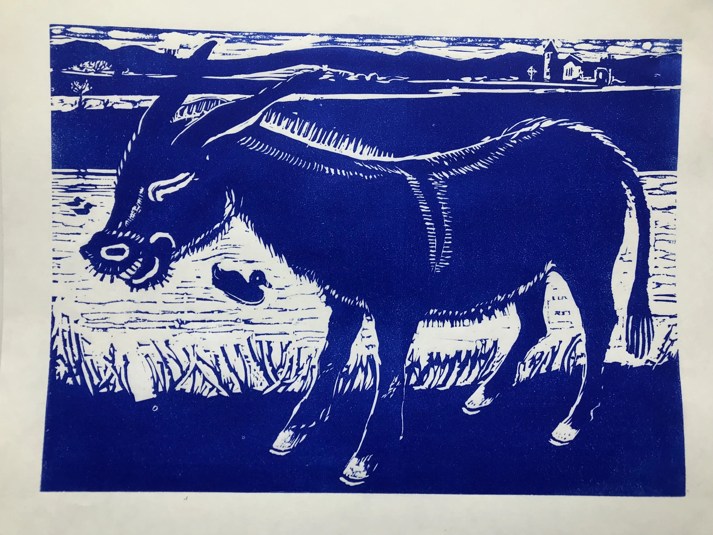 Blue Donkey
one block colour Lino print on Japanese Paper collaboration with Mungo McCosh. £150