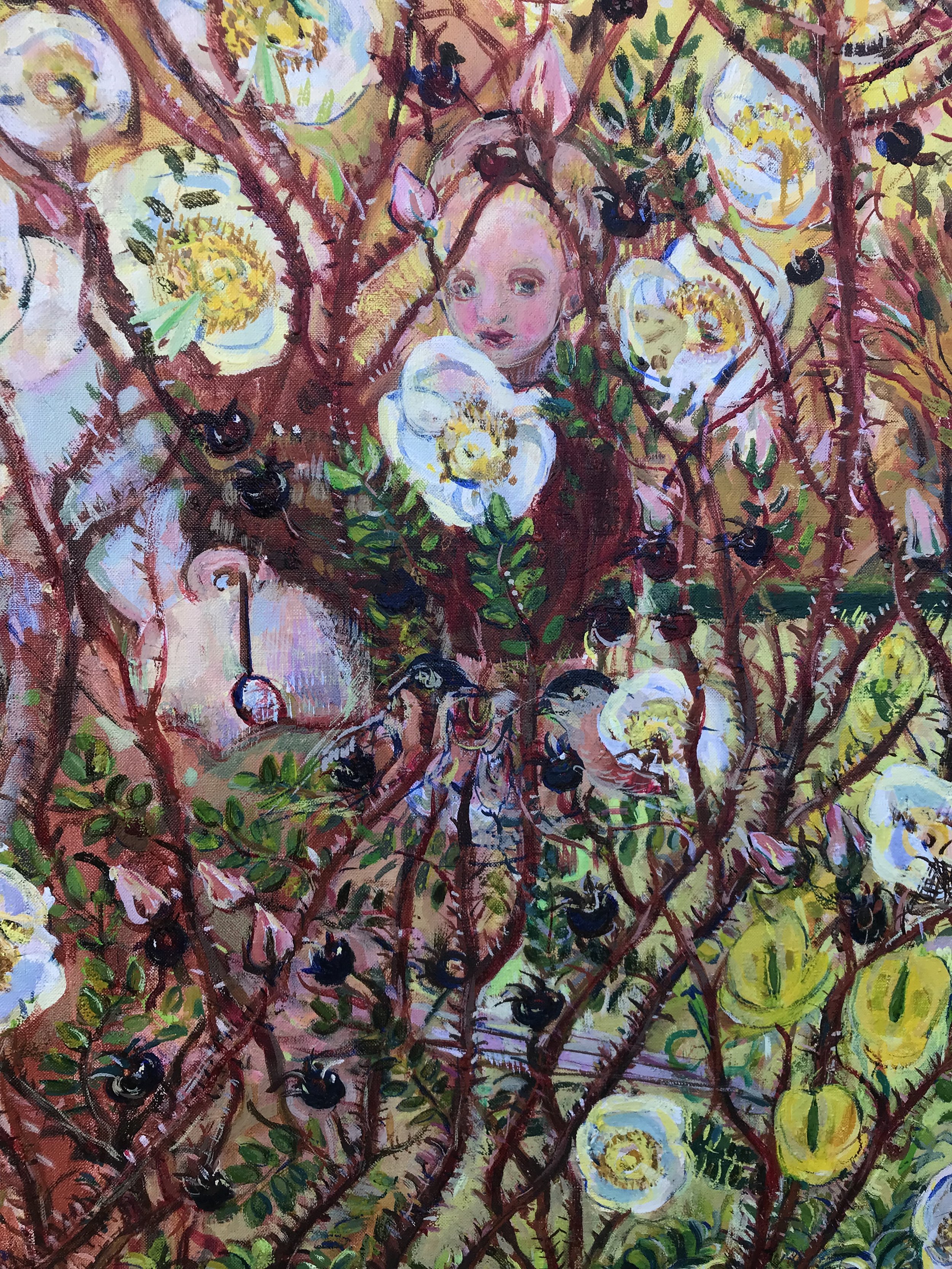 ROSES 
Wild Alba Rose with Starling, Moths, Self Heal.
summer show 2026  at the Royal Hibernian Academy in Dublin (detail)
120x90cm oil on fine Belgian linen 