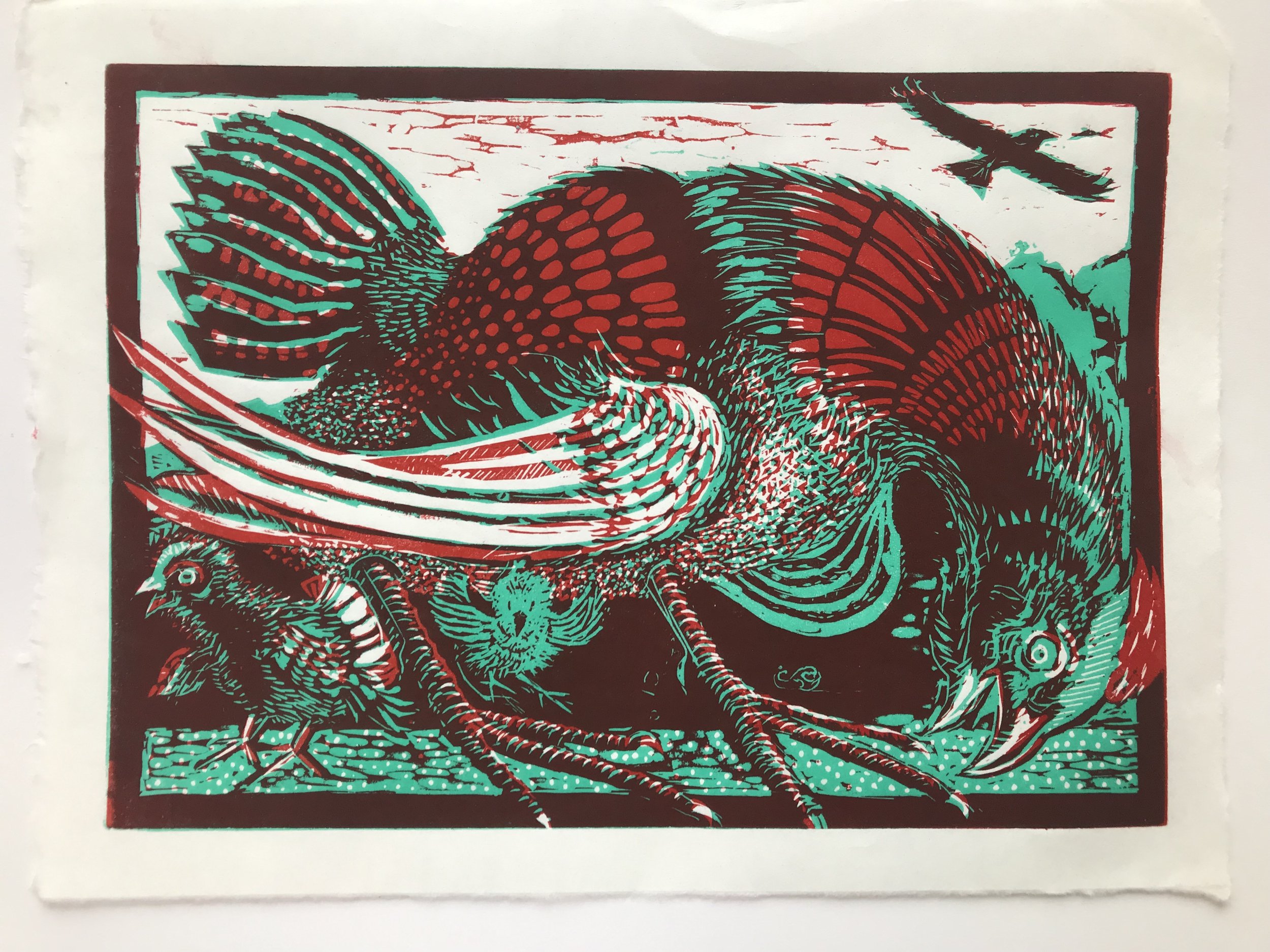Red Hen & Red Kite, 2 block colour print on Japanese Paper. collaboration with Mungo McCosh. £200