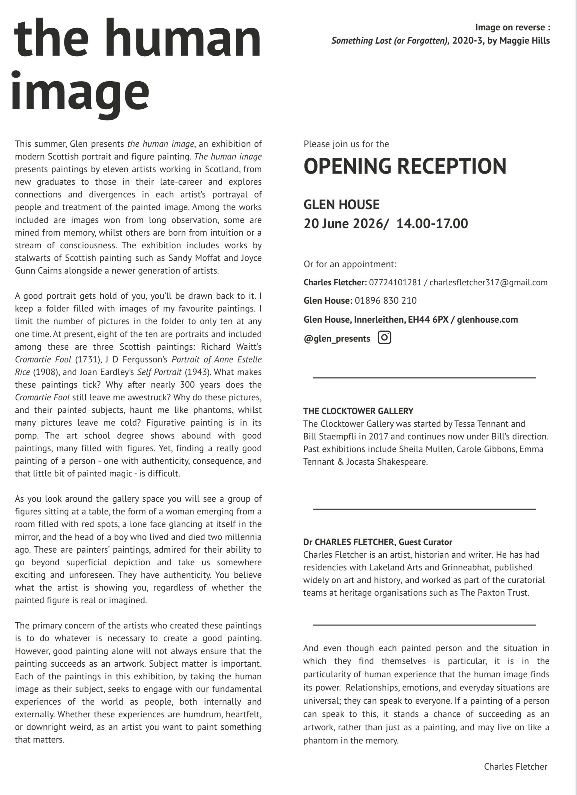 Poster for upcoming show in Glen House, Innerleithen, Scottish Borders. (Open by Apt)