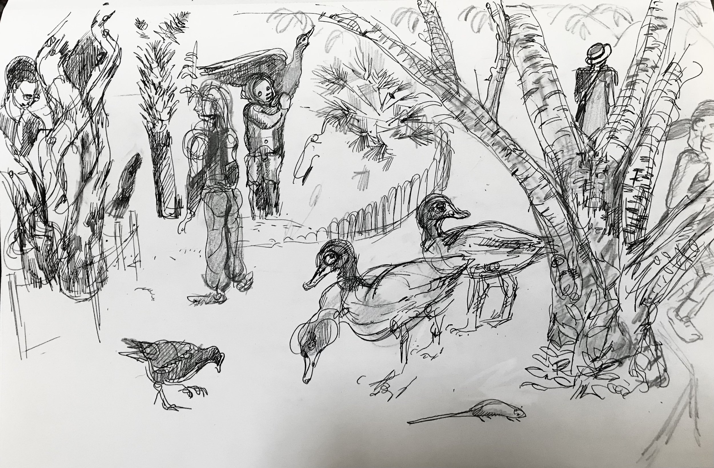 Regent’s Park, Queen Mary’s Mound, outside Frieze Art Fair with cherubs & geese, rat, coot
