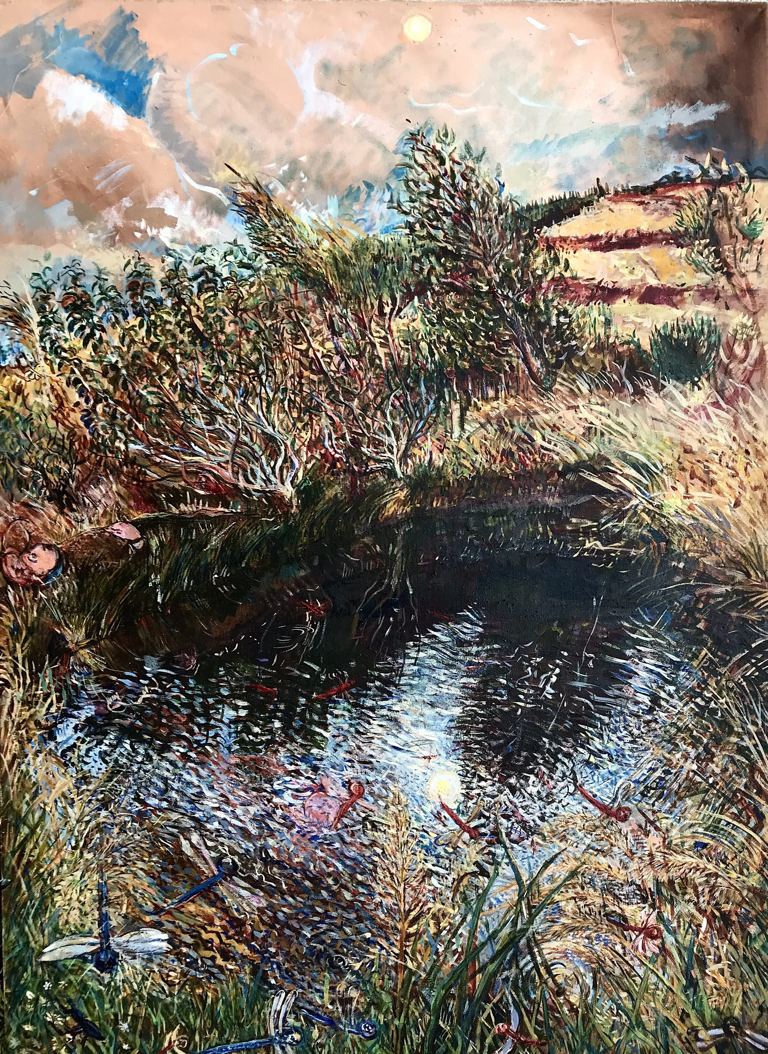Reflection Pond, Dragon & Demoiselle flies, oil on Fine Belgian Linen, 120 x 90cm, 2025, £6000 
