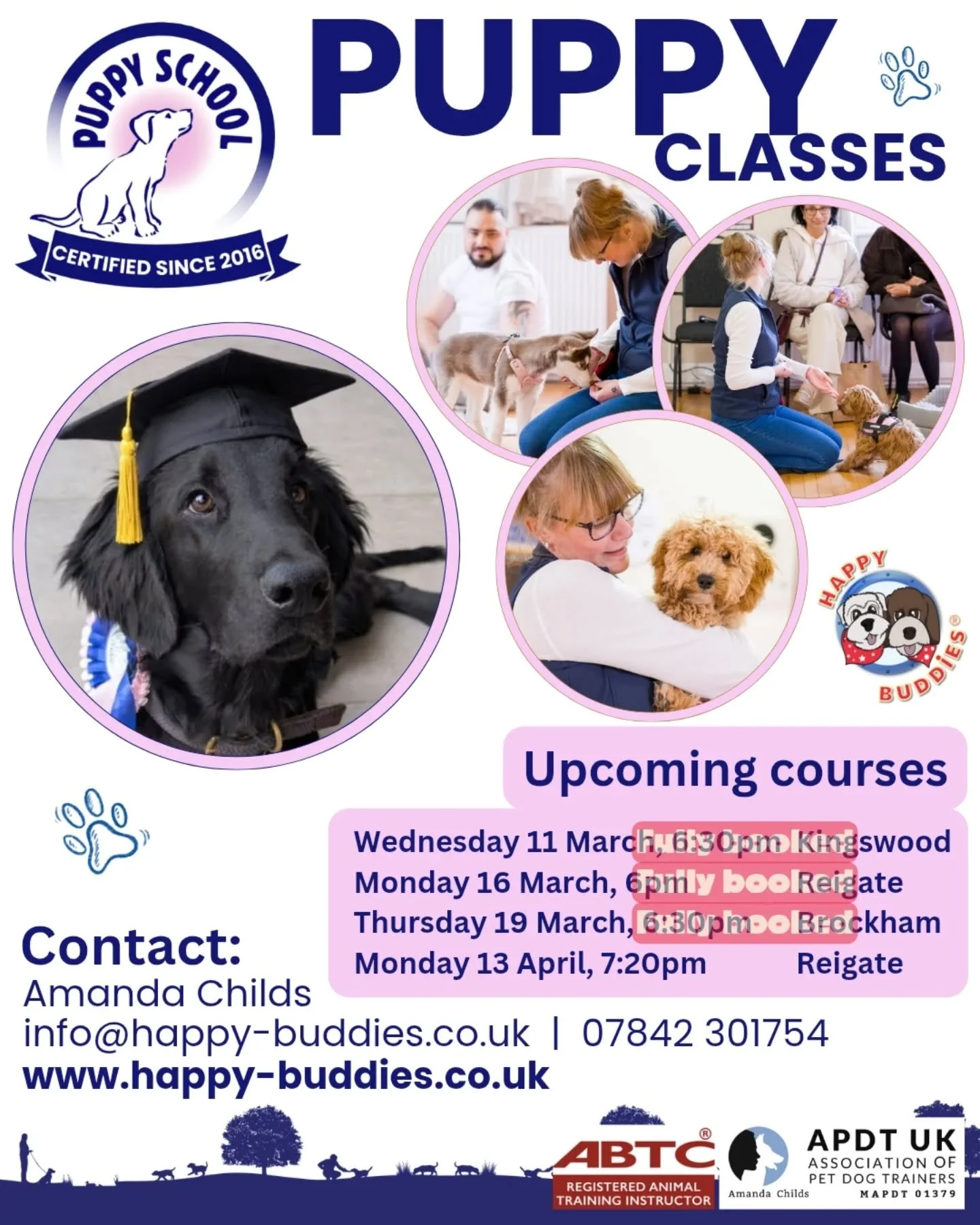 New Puppy School course added:

Monday 13 April, 7:20pm in Reigate! 🐶

#PuppyClassesReigate #ReigatePuppyTraining #PuppyCoursesReigate #DogTrainingReigate #ReigatePuppyClasses