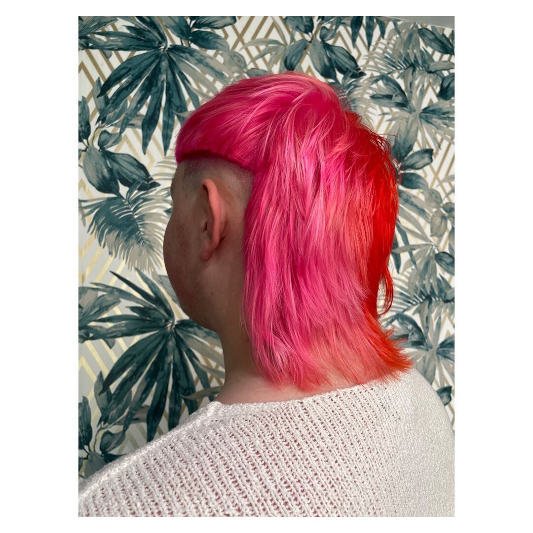 **Some more old work that I didn&rsquo;t get around to posting due to setting up riot hearts!**
Check out this fruit salad half and half mullet 🧡💓 would you be brave enough to rock something like this? 
Collab:
Bleach and creative colour by me.
Cut