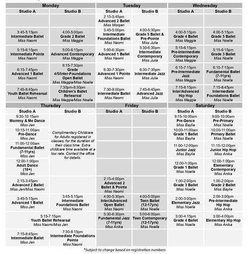Weekly Class Schedule — Arise School of Dance