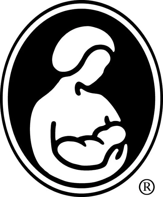 Black and white icon of a woman holding a baby, enclosed in an oval border.