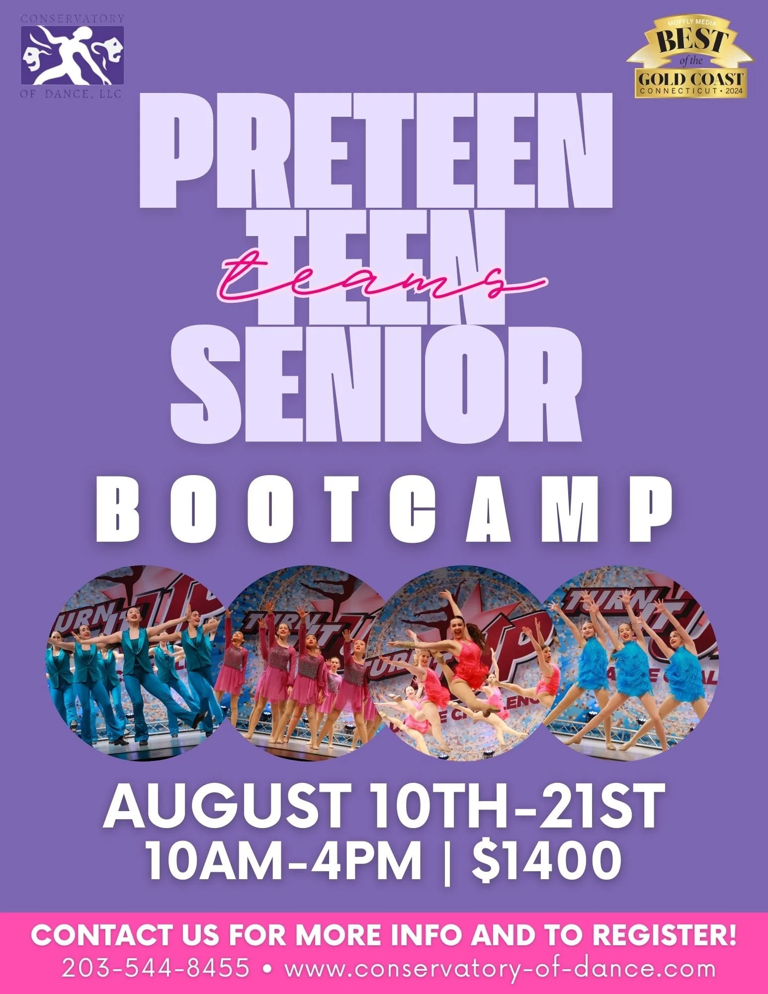 Poster for PreTeen Teen and Senior Bootcamp, scheduled from August 10th to 21st, 10AM to 4PM, costing $1400, including images of young dancers in colorful costumes.