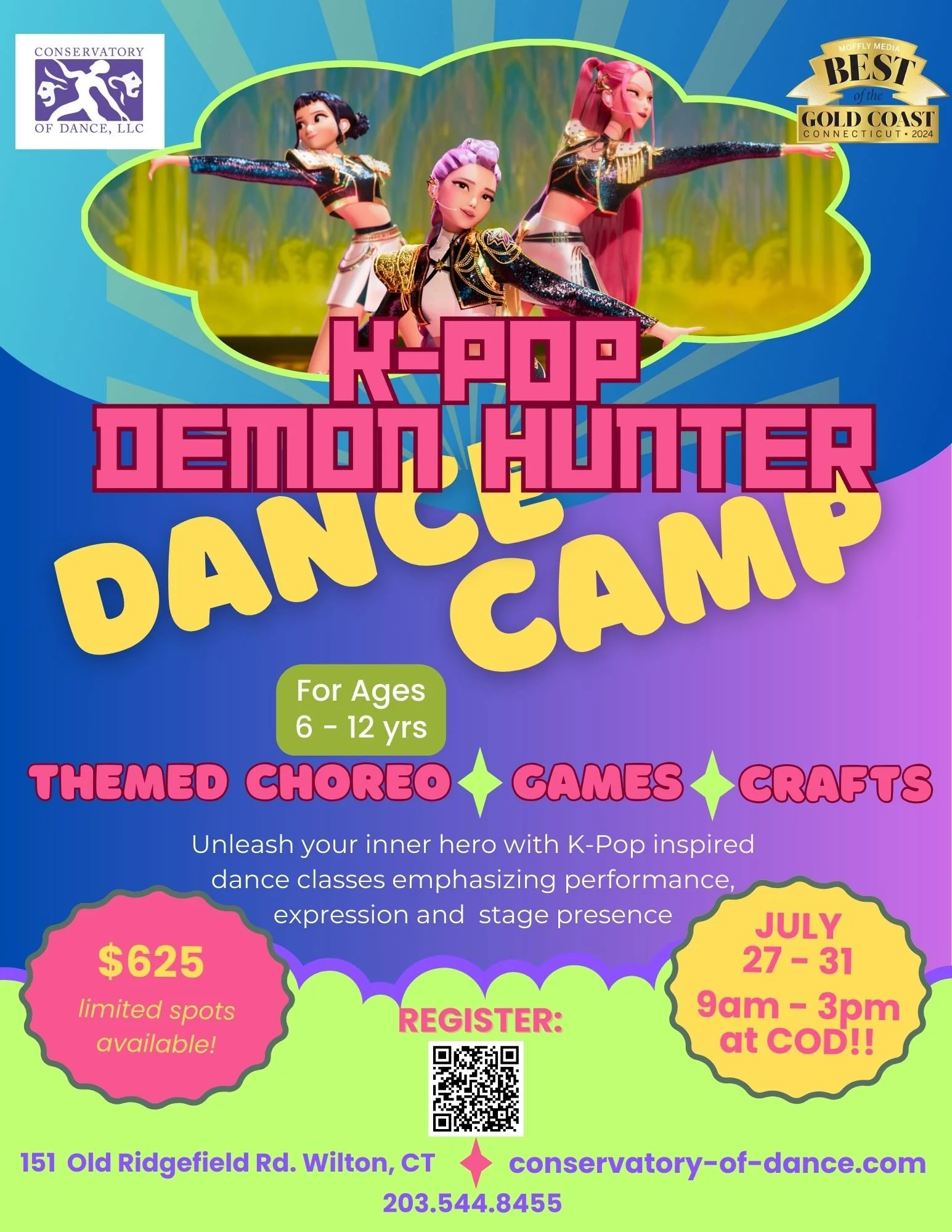 Poster for Disney Cinema dance camp with images from Disney movies, including Moana, Descendants, Teen Beach Movie, Frozen, and Zootopia. Details about camp dates, times, age groups, price, and registration.