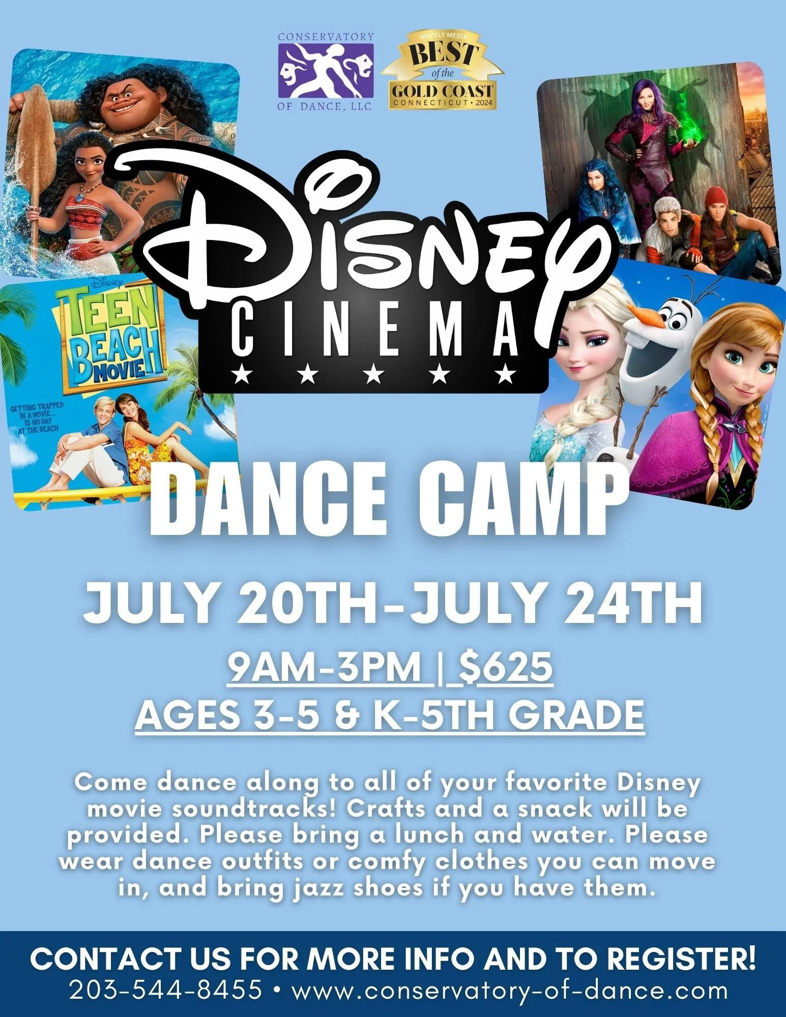 A colorful poster for a dance camp featuring a line of women in various dance and casual outfits, with large pastel letters spelling 'THERA' in the background. Includes details about the camp, dates, times, age group, and contact information.