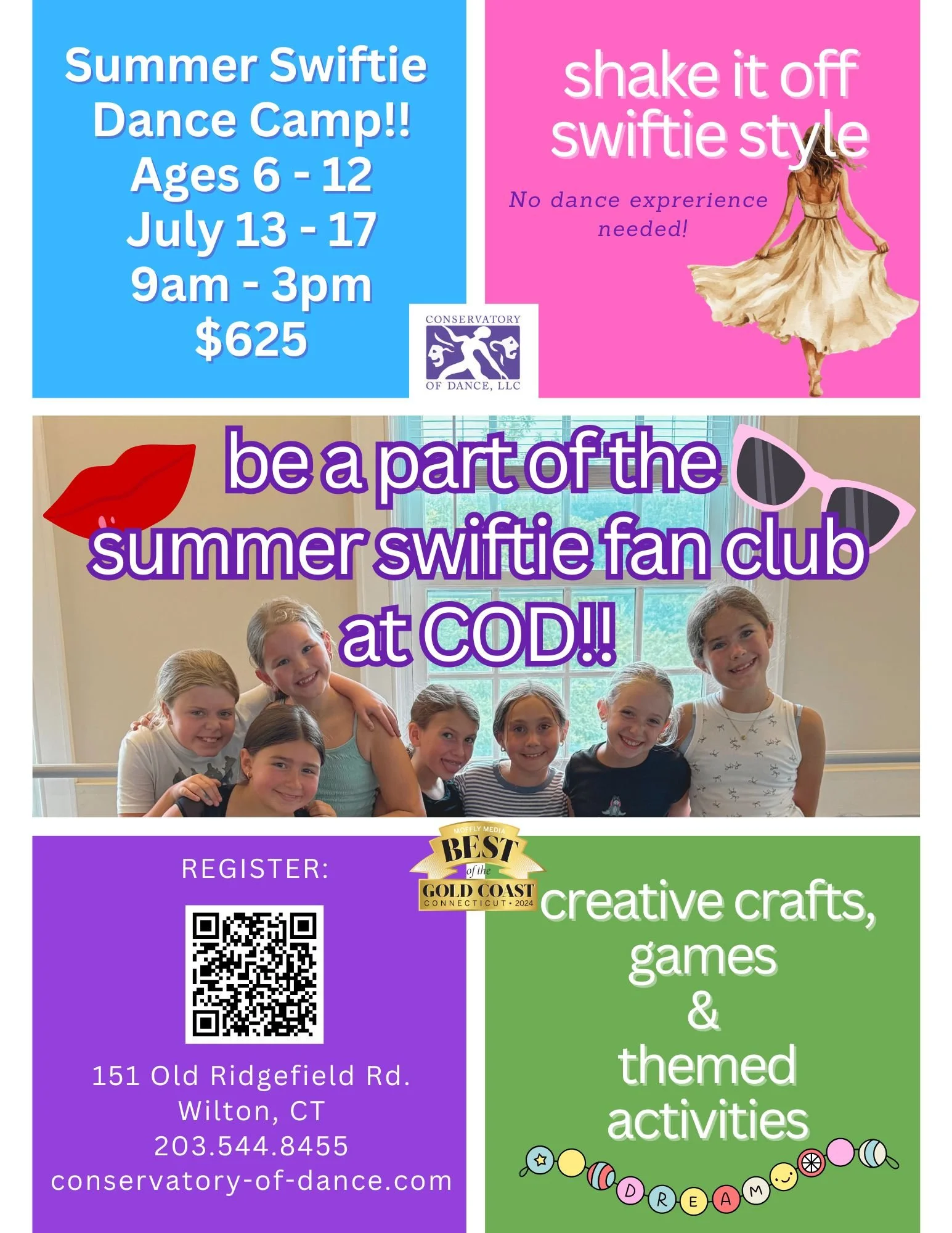 Flyer for POM Dance Camp with a photo of two young girls in dance costumes holding blue and silver pom-poms, smiling. The flyer includes event details: June 17th-19th, 9 a.m. to 12 p.m., for rising kindergarten through 5th grade, $250, and contact info.