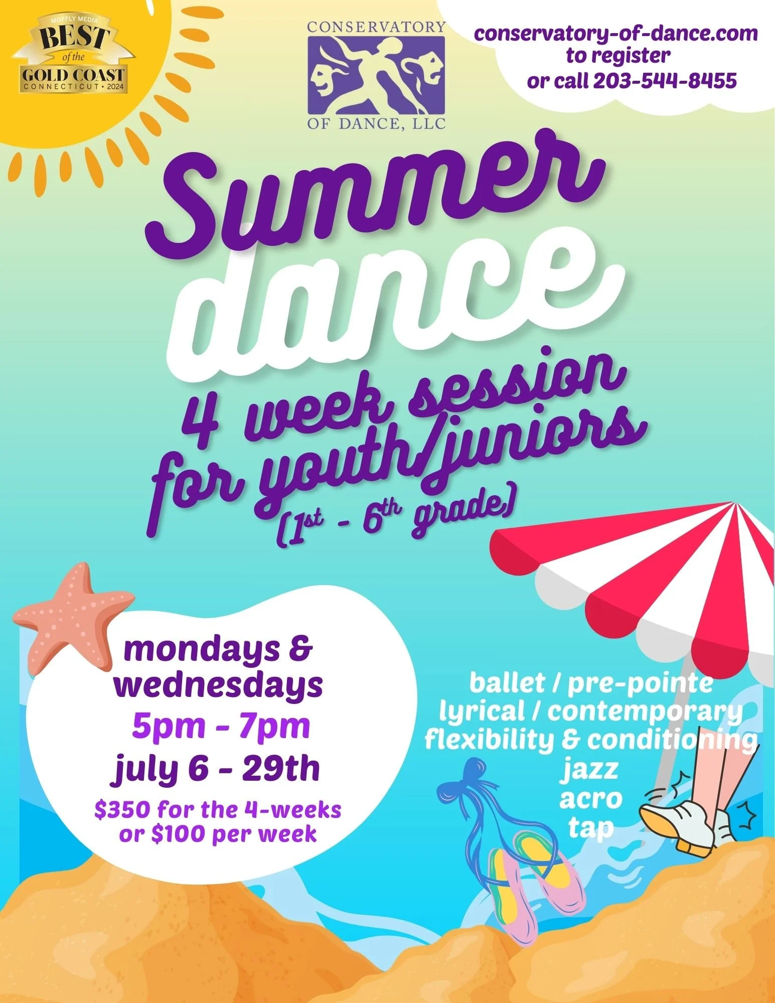 Flyer for Wicked Dance Camp, July 28th to August 1st, 9 AM to 3 PM, for K-5th grade students, costing $595. The background features a green cityscape with spaekly towers, with logos for Conservatory of Dance LLC and a Best of Gold Coast Connecticut 2024 award at the top right corner. The flyer encourages participants to wear dance outfits or comfy clothes, bring a lunch and water, and dance shoes if they have them.