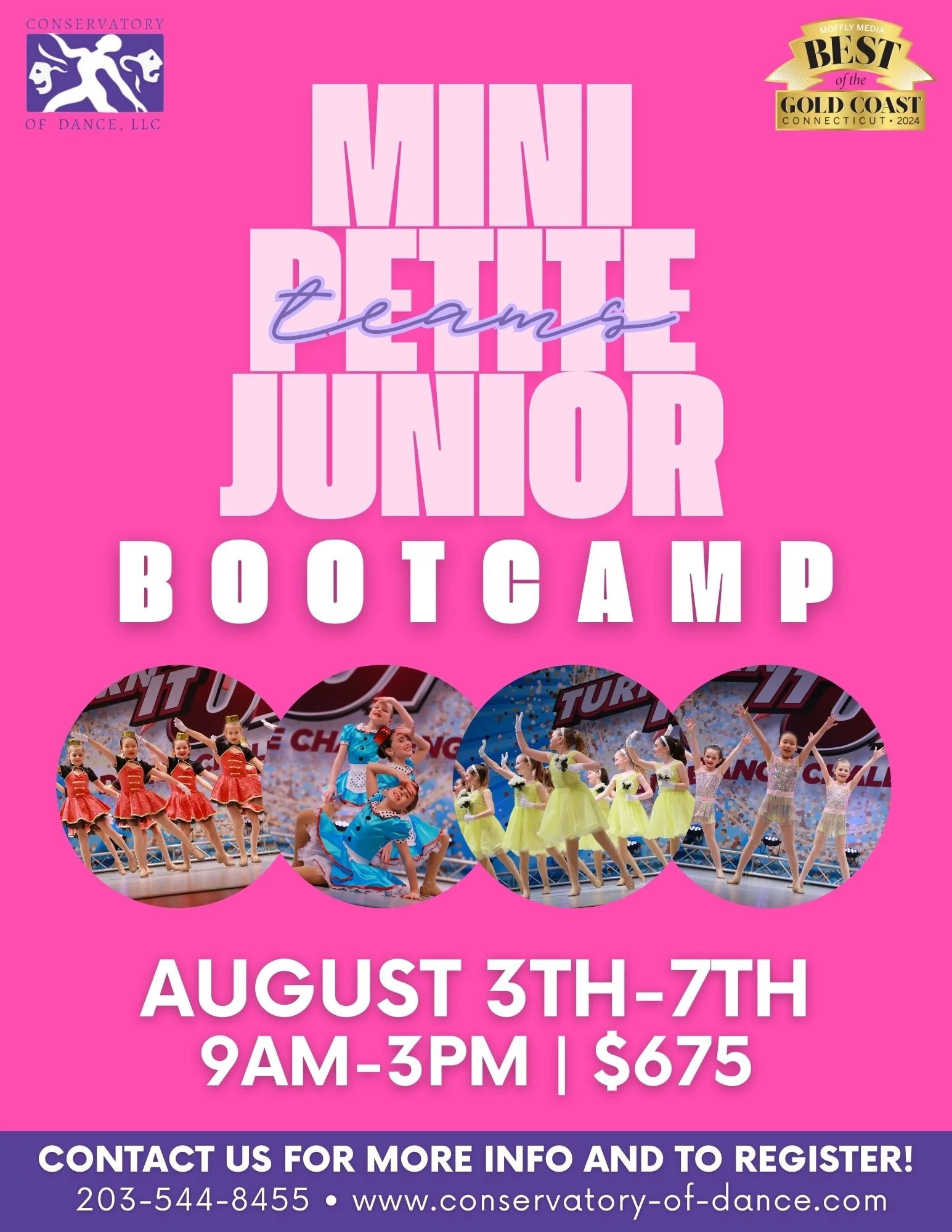 Purple flyer for Preteen Teen and Senior Bootcamp dance event, August 11-22, 10am-4pm, $1350, with images of young dancers in colorful costumes performing on stage.