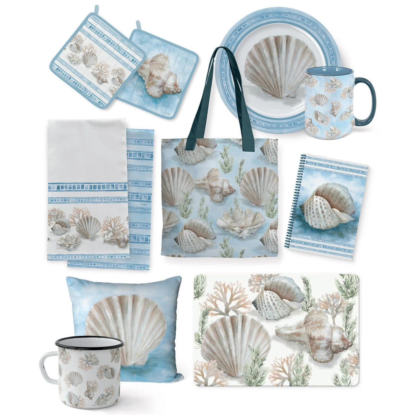 Introducing Coastal Calm.
I had so much fun creating this soft, beachy collection, full of seashells, coral, and peaceful ocean blues.
It&rsquo;s all about bringing those easy coastal vibes into your home &mdash; on fabric, pillows, kitchen linens, a