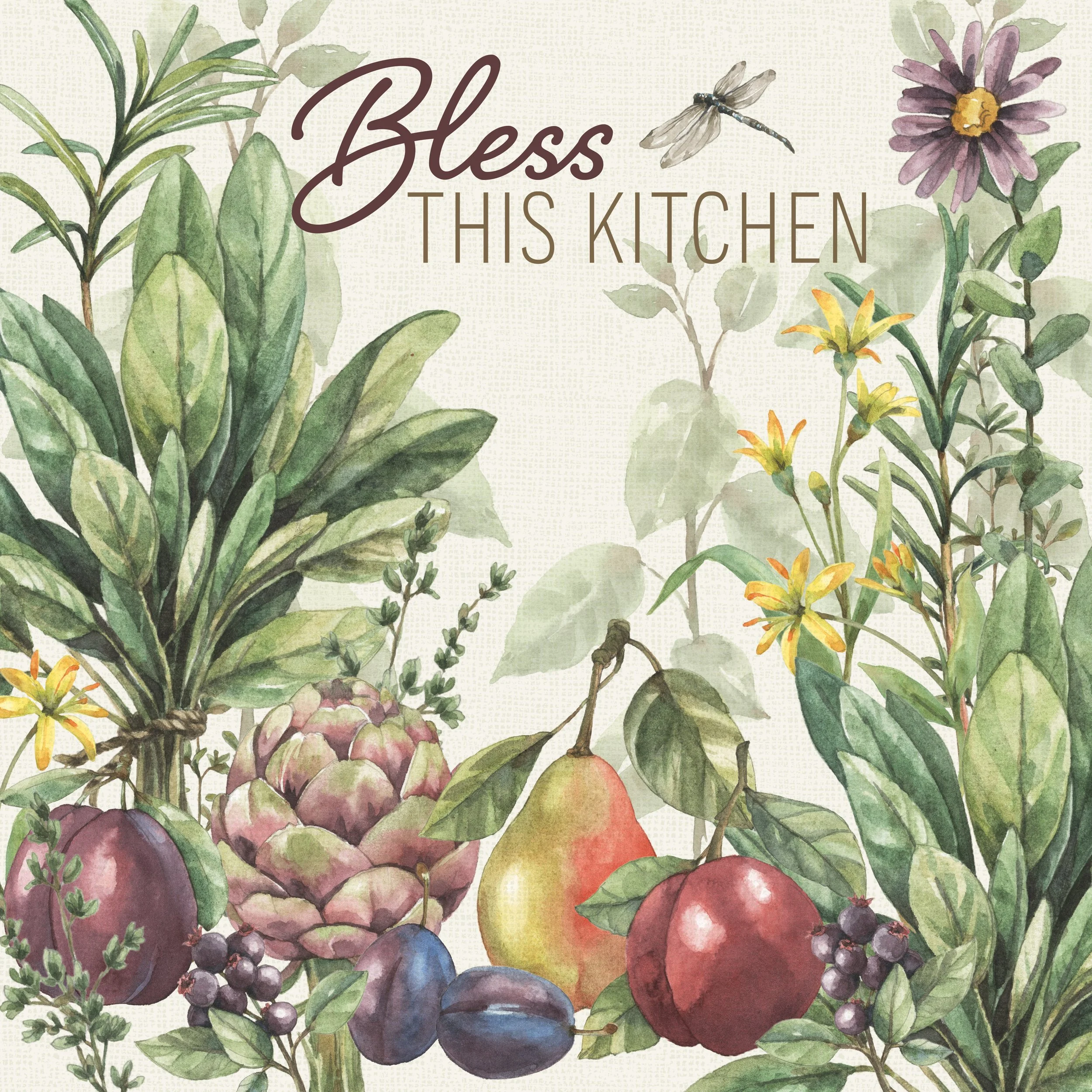 Watercolor illustration with various fruits, herbs, and flowers, including pineapple, pears, apples, blueberries, grapes, artichoke, and yellow and purple flowers, with a banner that says 'Bless This Kitchen' and a dragonfly above.
