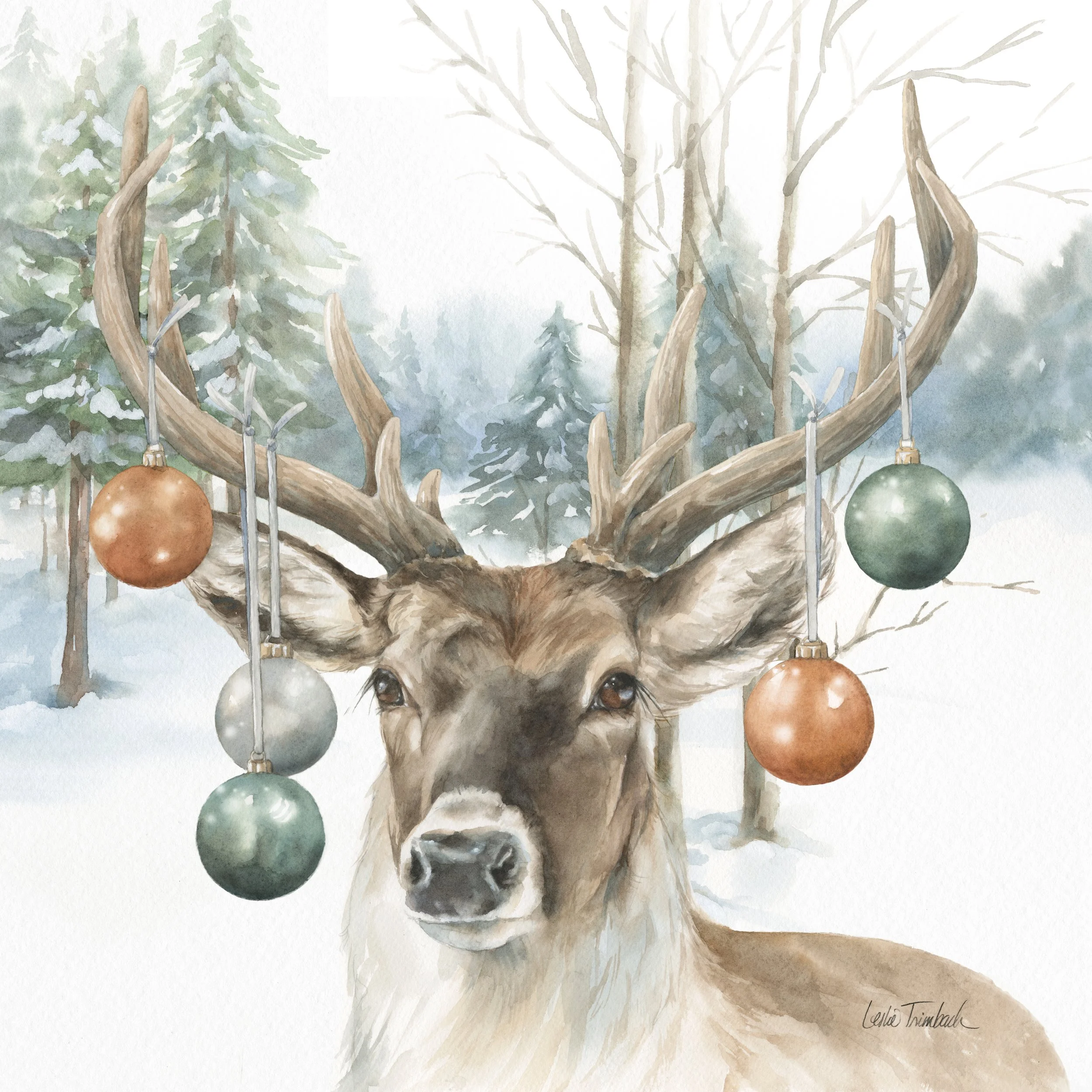 Watercolor painting of a reindeer with decorated antlers in a snowy forest, with Christmas ornaments hanging from its antlers.
