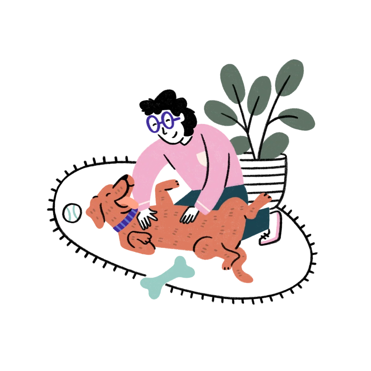 A woman holding and smiling at a black and white puppy with a collar, indoors in a cozy home setting.