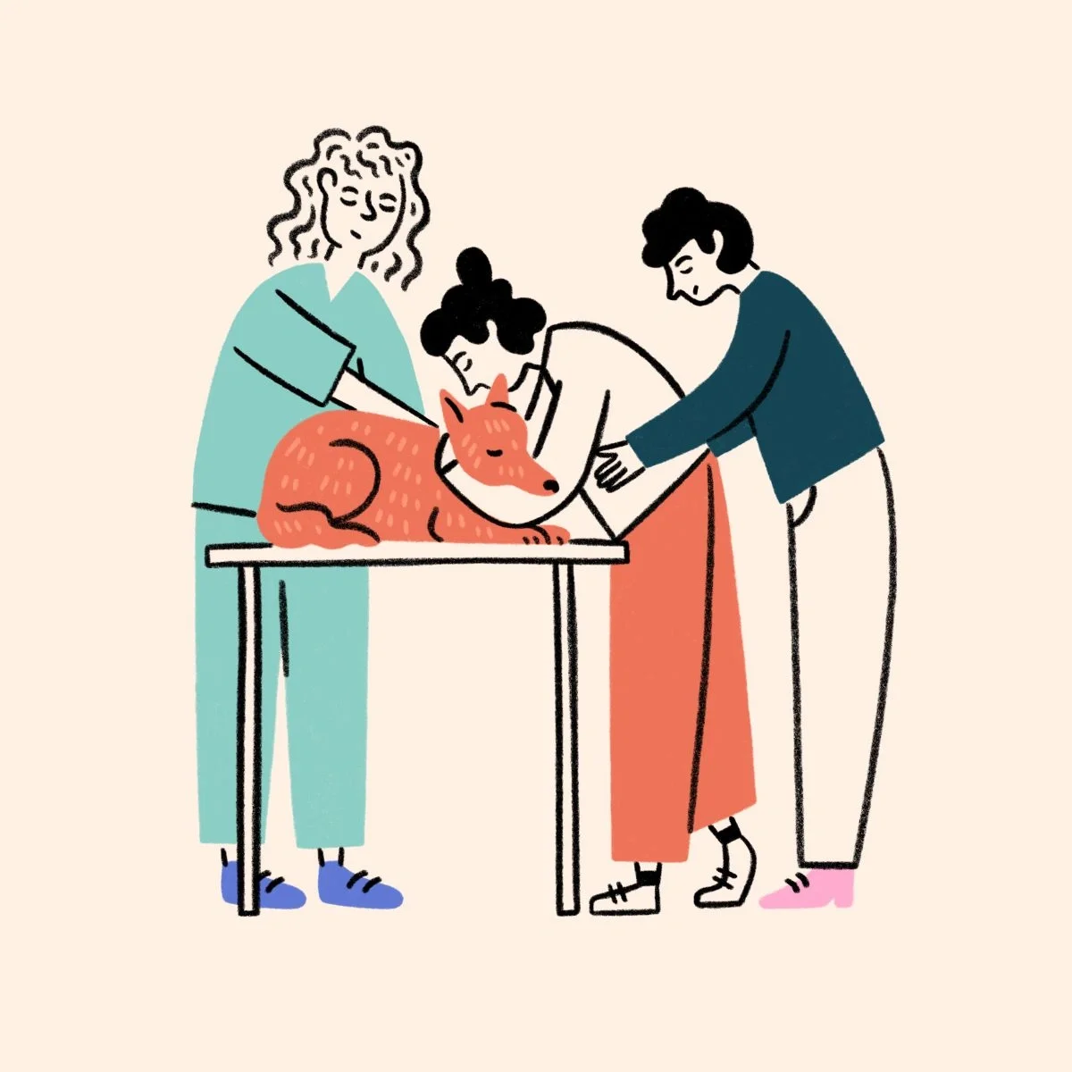 Medical team consisting of three healthcare professionals in scrubs and masks performing surgery in a hospital operating room, with surgical lights overhead.