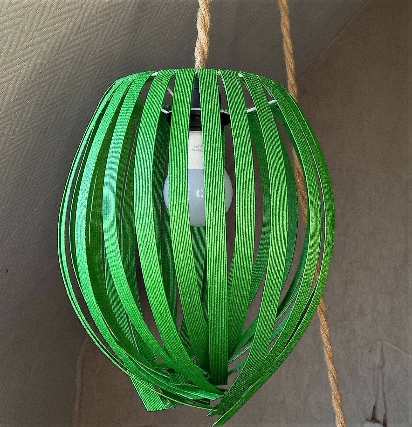 Suspension en papier japonais vert cru 20 x 30 cm en papier japonais semi rigides. Assemblage de 27 bandelettes laissées en forme libre. 40 €.
A retrouver sur la boutique en ligne (cliquer sur l'image)