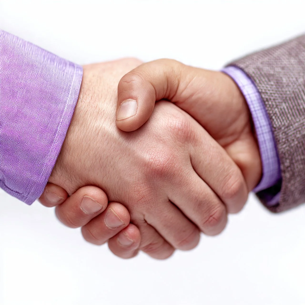 Close-up of two people shaking hands, both wearing suits with visible purple cuffs.