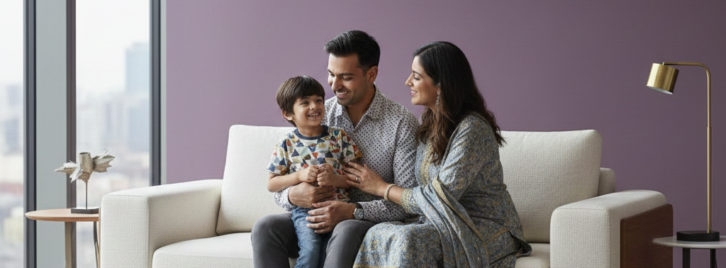 Family of three sitting on a cream sofa in a modern living room, smiling and interacting with each other.