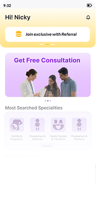 Mobile app interface with a greeting to Nicky, a banner offering an exclusive referral, and a 'Get Free Consultation' section showing three medical professionals engaging with a patient. Below are icons representing specialties such as fertility, pregnancy, postpartum, and newborn.