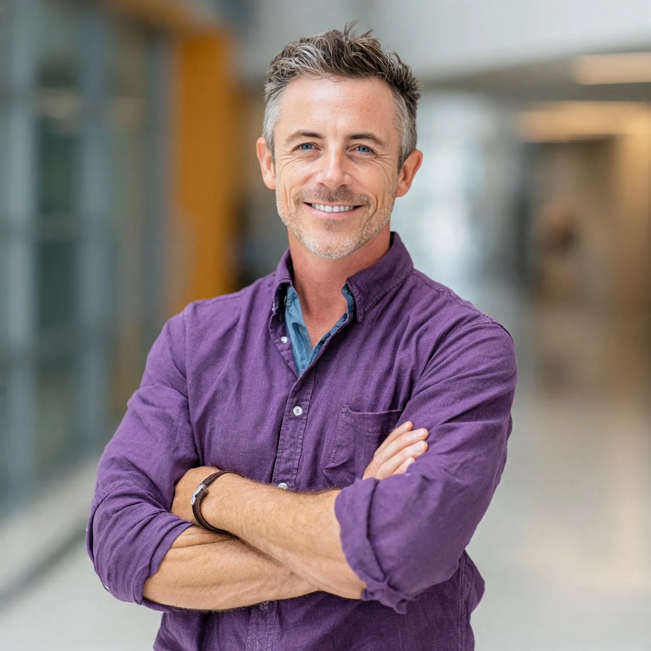 Smiling middle-aged man with graying hair and beard, wearing a purple button-up shirt, standing with arms crossed in a modern, well-lit indoor setting.