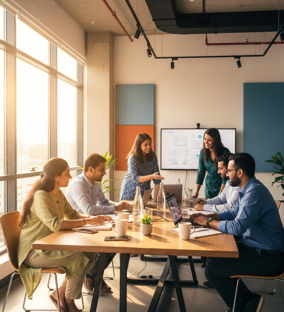 Five people in a modern office meeting room with large windows, sitting around a wooden table with laptops, notebooks, and drinks, engaged in a presentation displayed on a wall-mounted screen.