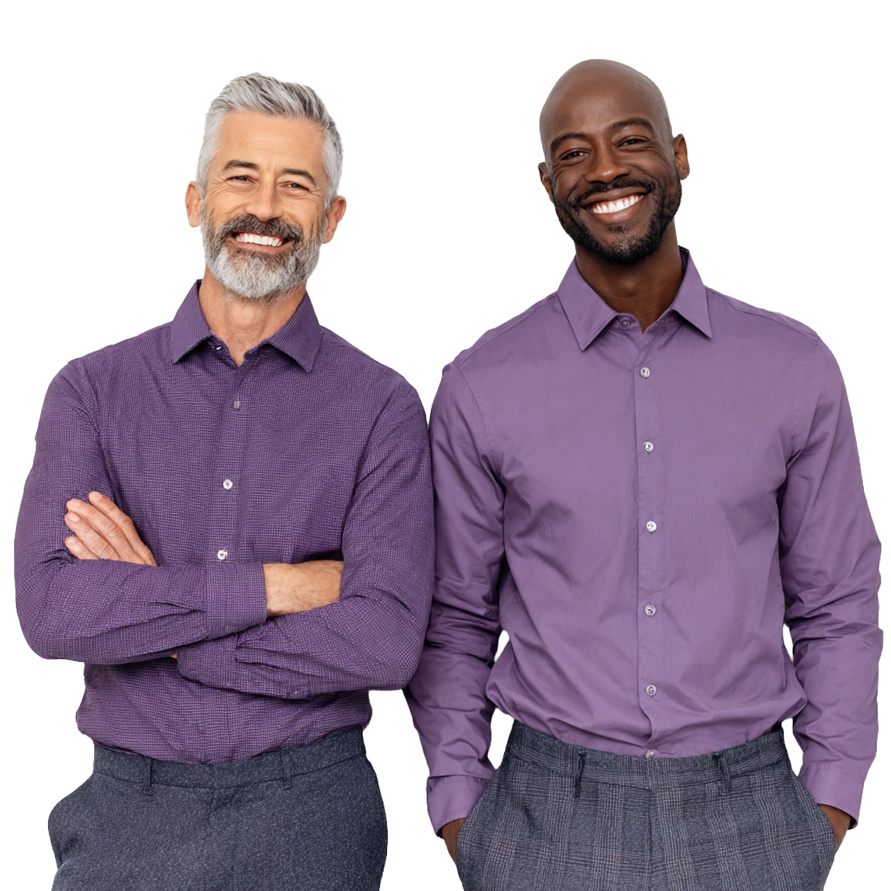 Two professional men wearing purple shirts, smiling and standing side by side, with their arms crossed or hands in pockets.