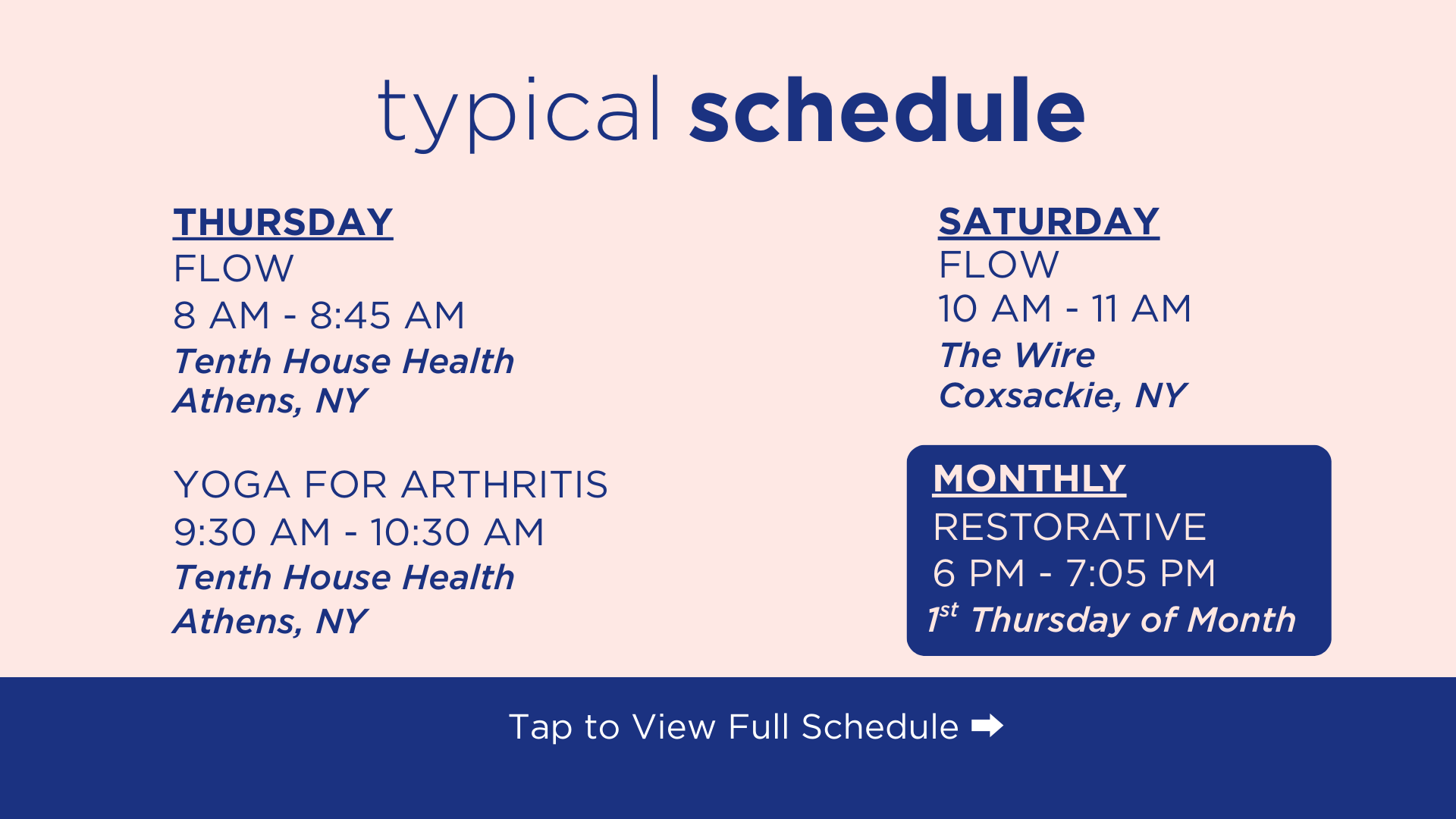 Typical weekly yoga class schedule for Well & Kell in Greene County, NY (Athens, Coxsackie, Ravena)