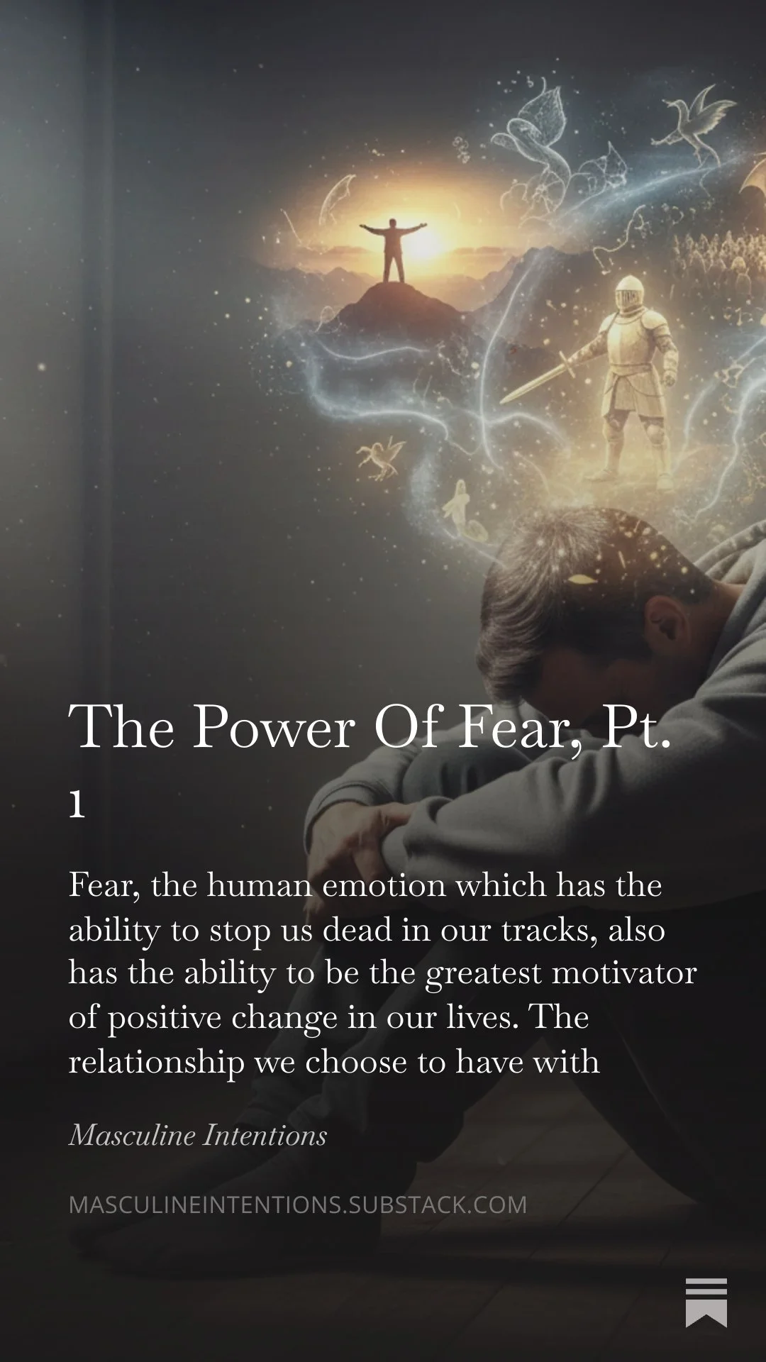 A person sitting on the floor with head down, with a digital wallpaper above featuring a man standing with arms outstretched in front of a sunrise or sunset, surrounded by images of a knight, a bird, a butterfly, and other fantasy elements.