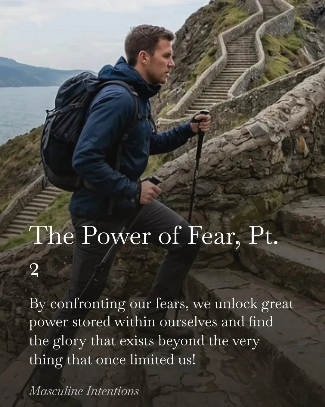 A man hiking up a stone staircase on a mountain trail, carrying a backpack and using trekking poles, with an overcast sky and hills in the background.