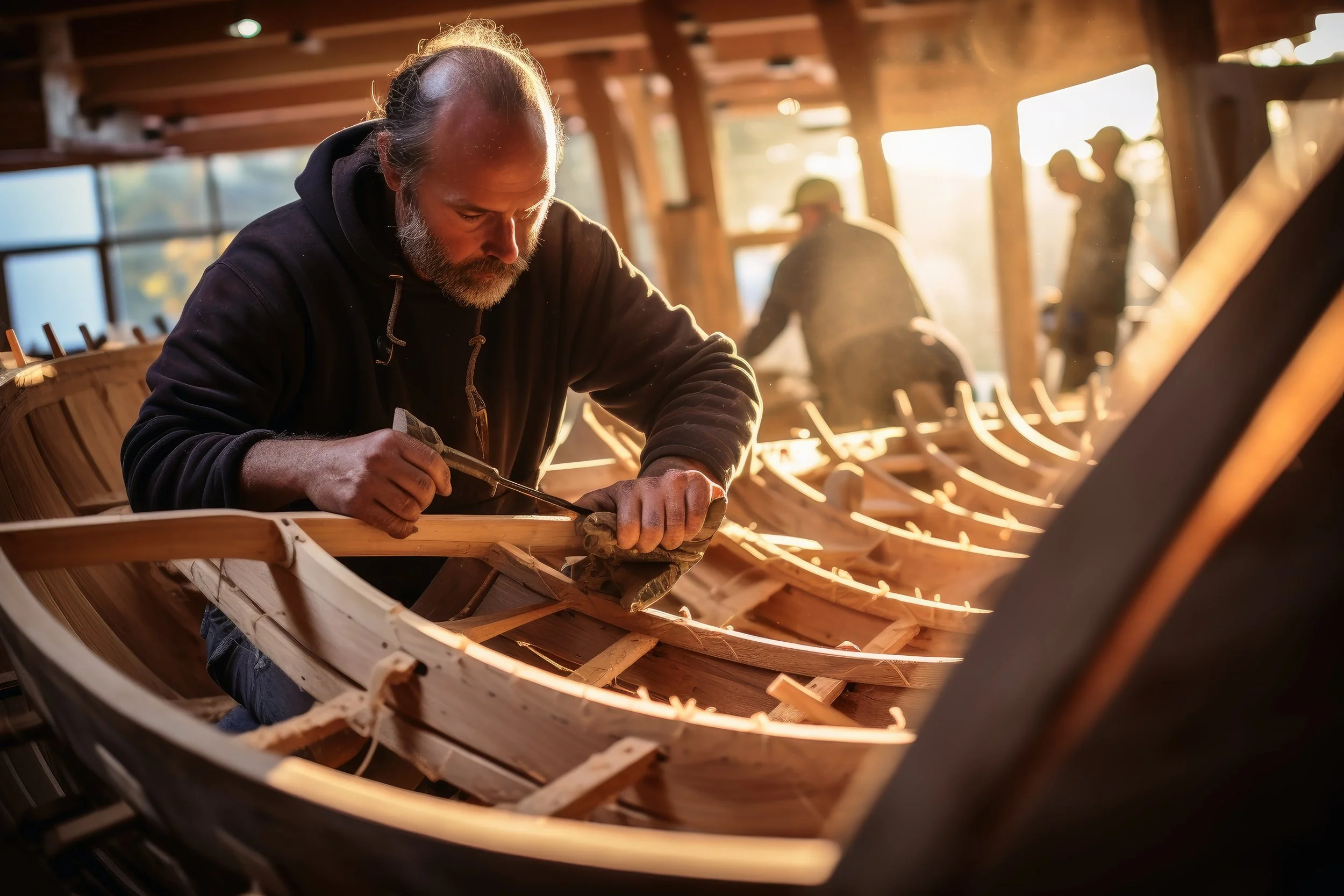 A man working on a wooden boat in a workshop during sunset, with two other workers in the background.