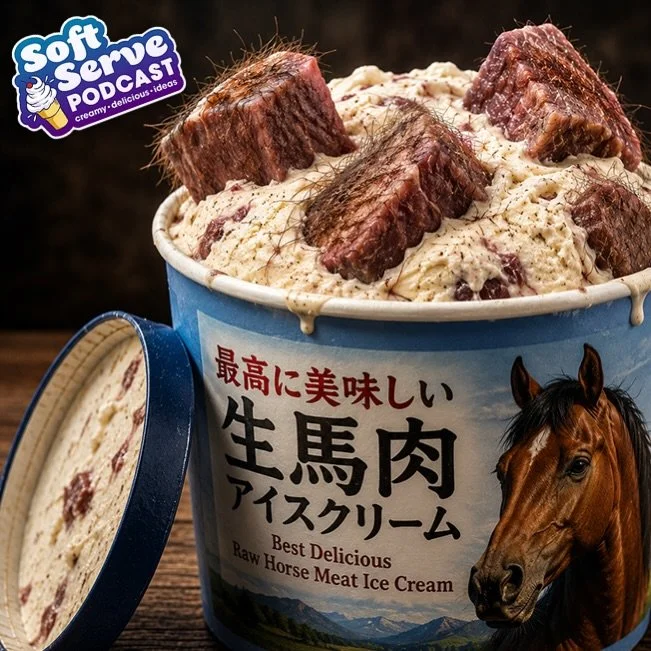 Some animals, like horses, should not be eaten. 
If you decide to eat an animal that should not be eaten by putting it in ice cream, you are a monster.
HORSE MEAT ICE CREAM IS REAL. 
MONSTERS WALK AMONG US.
The Soft Serve Podcast is available ad-free