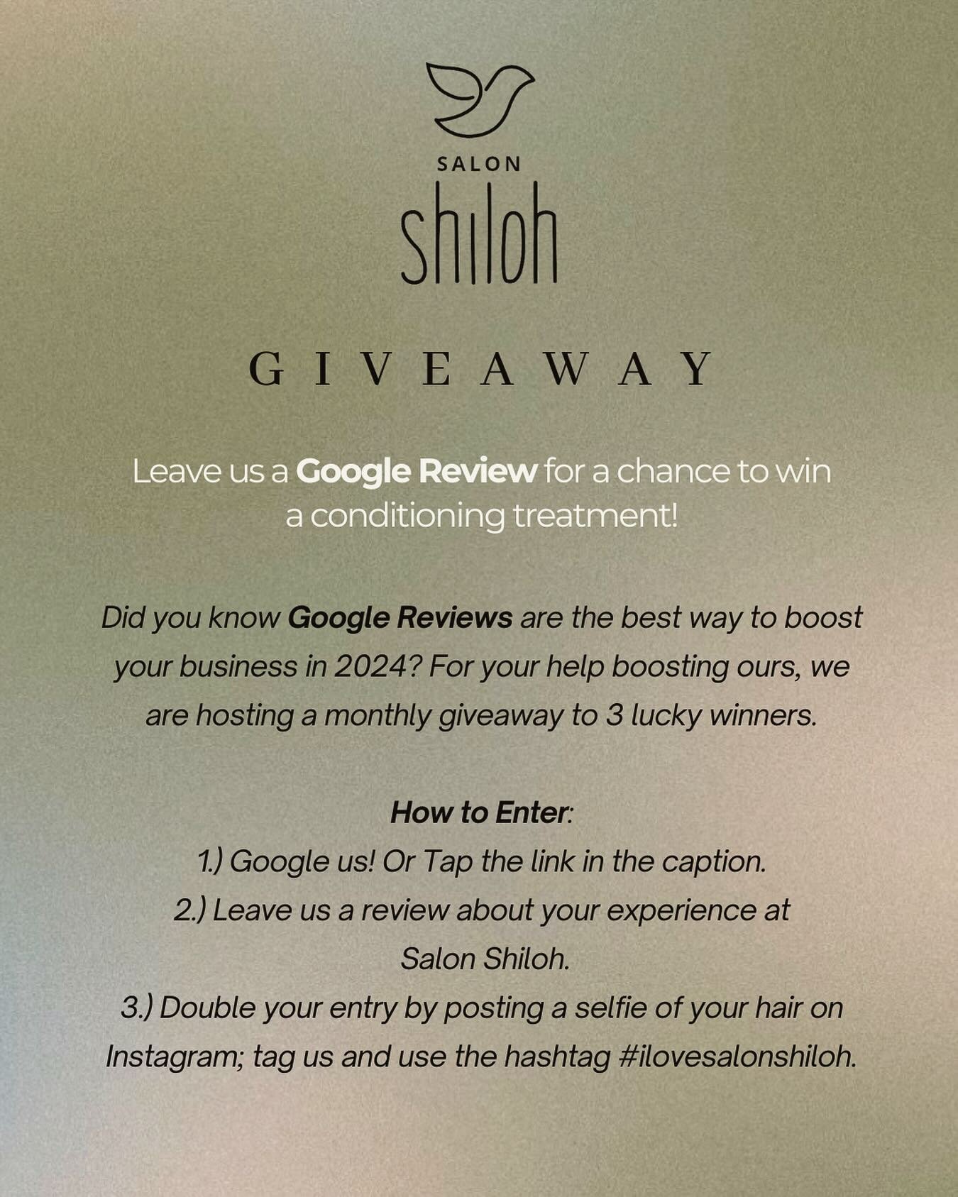 ENTER OUR GIVEAWAY&mdash; Details ⬇️ 

Leave us a Google review to help grow our business- we want to hear from you! In 2024, we will give you a chance to win a conditioning treatment on us. 

TO ENTER: 
1. Google us! Or click the link in our bio
2. 