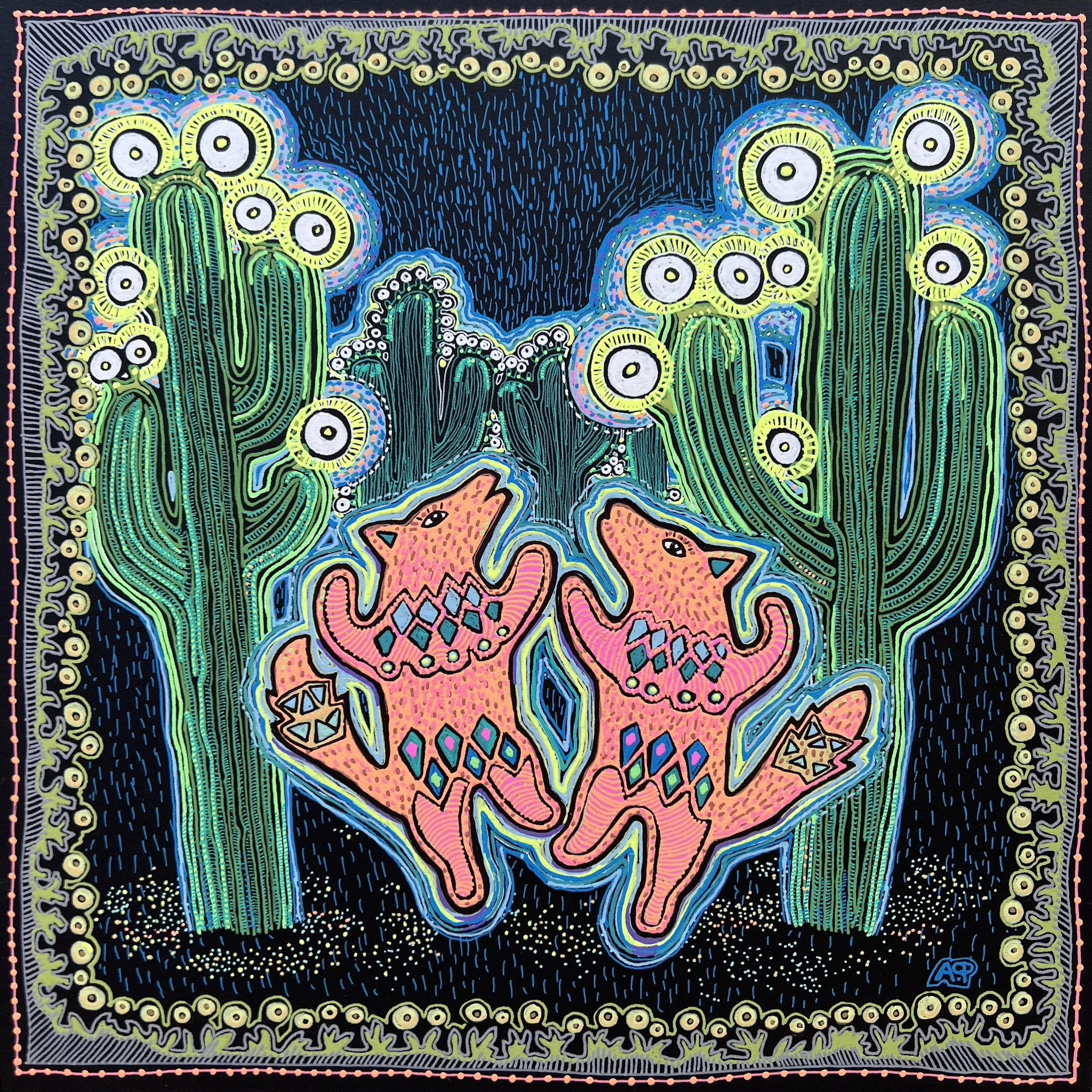 Electric Desert: Patio Lanterns, Gel pens on black mat board. Going to 2026 Tohono Chul 10 x 10 Fundraiser.