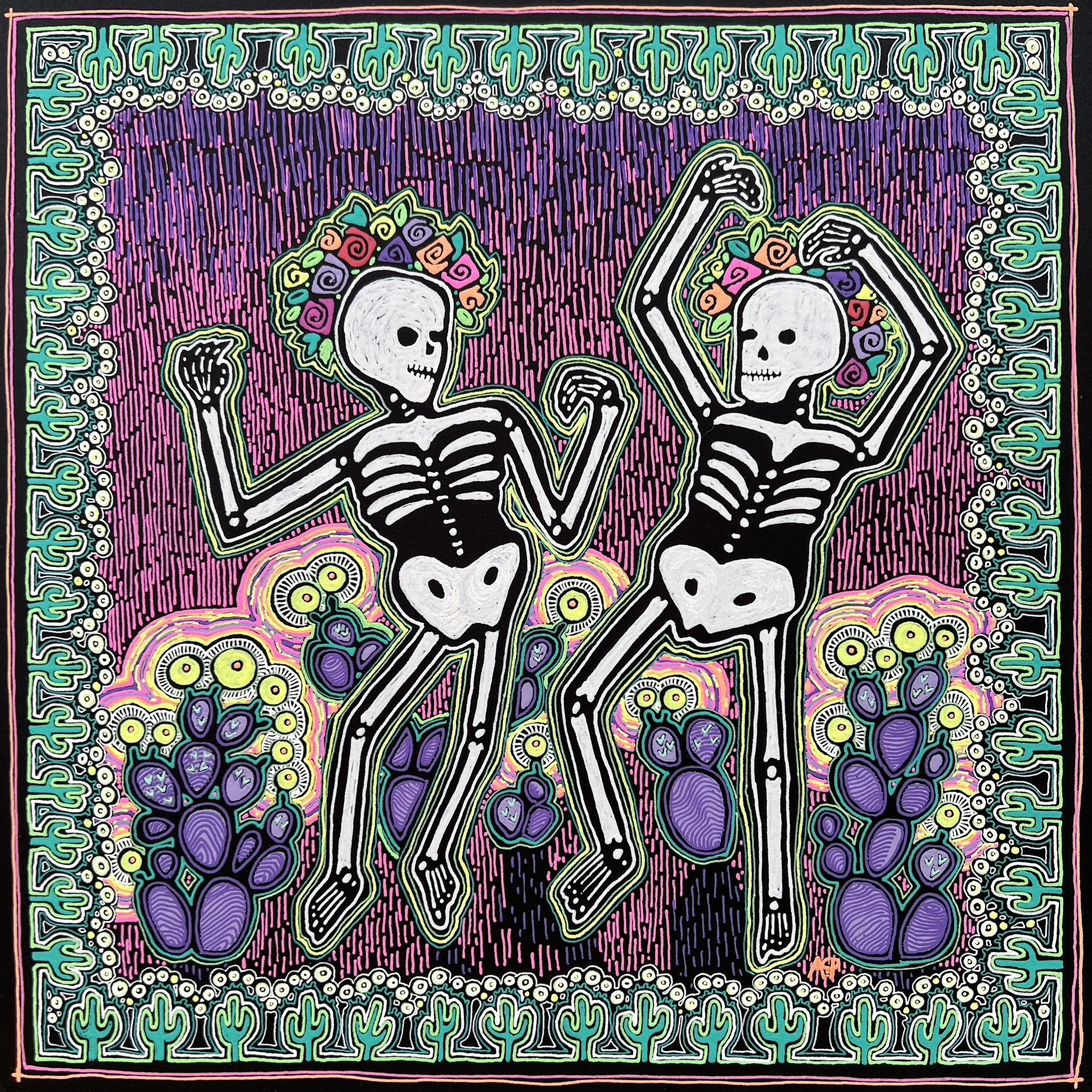 Electric Desert: Dance Like No One's Watching, Gel Pens on black mat board. Going to the 2026 Tohono Chul 10 x 10 Fundraiser.