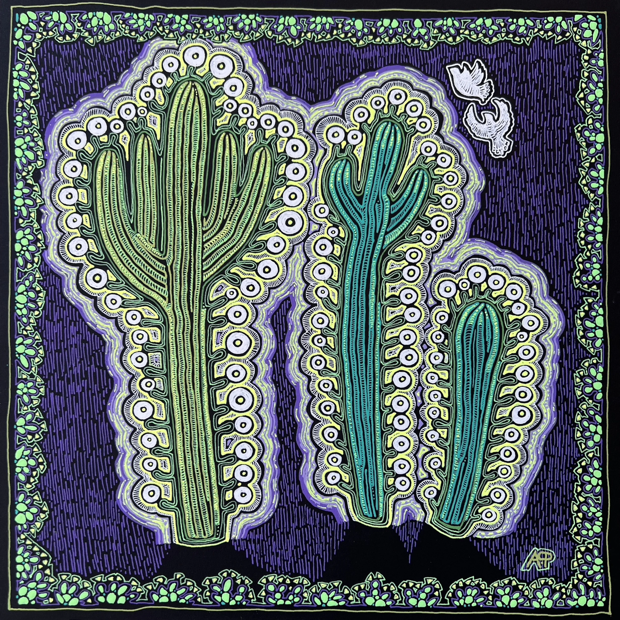 Electric Desert: Morning Glory, Gel pen on black mat board. Going to the Tohono Chul 10 x 10 Fundraiser. 