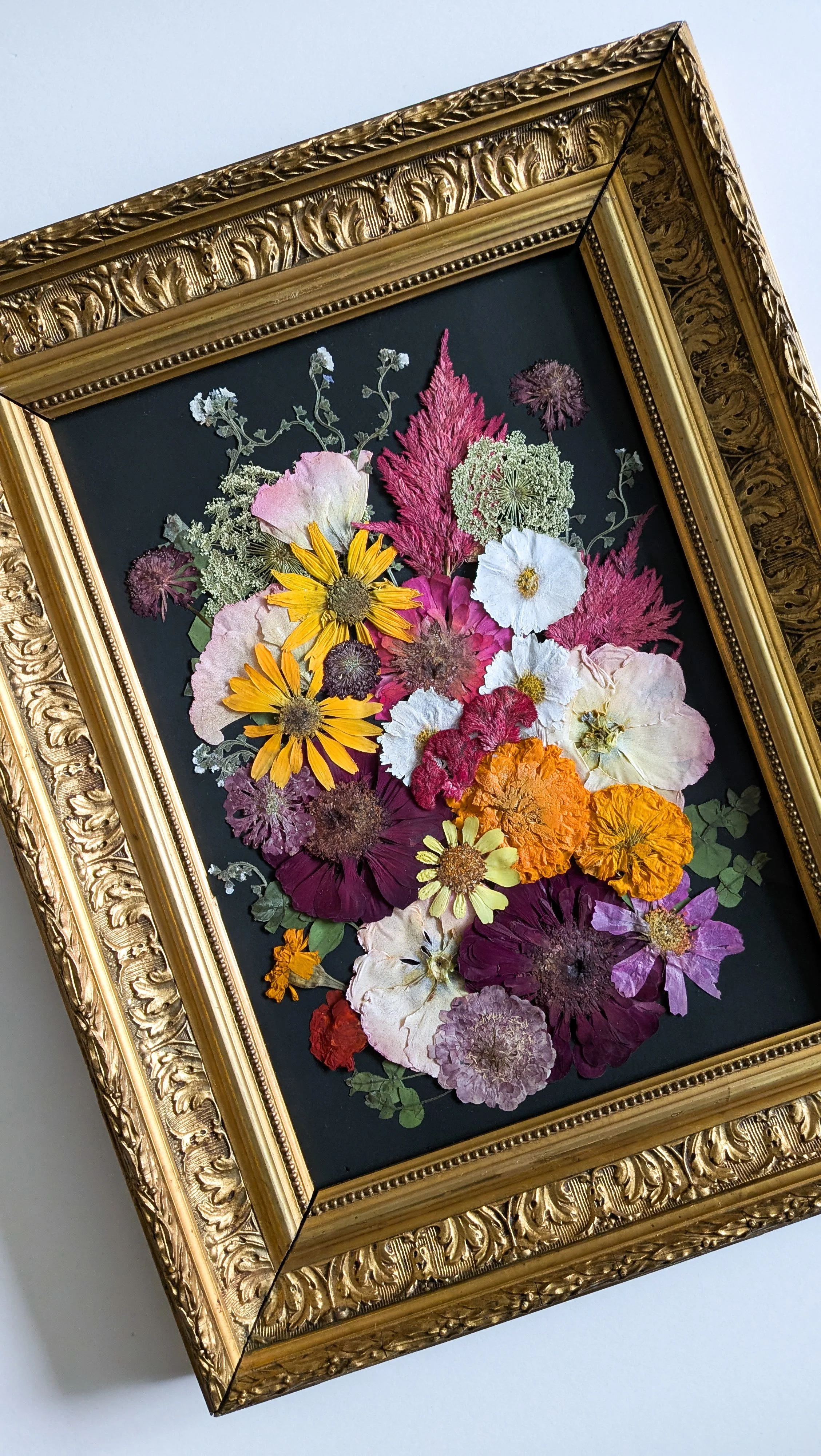 Framed pressed flower artwork with various colorful flower blooms against a black background in an antique, ornate frame.