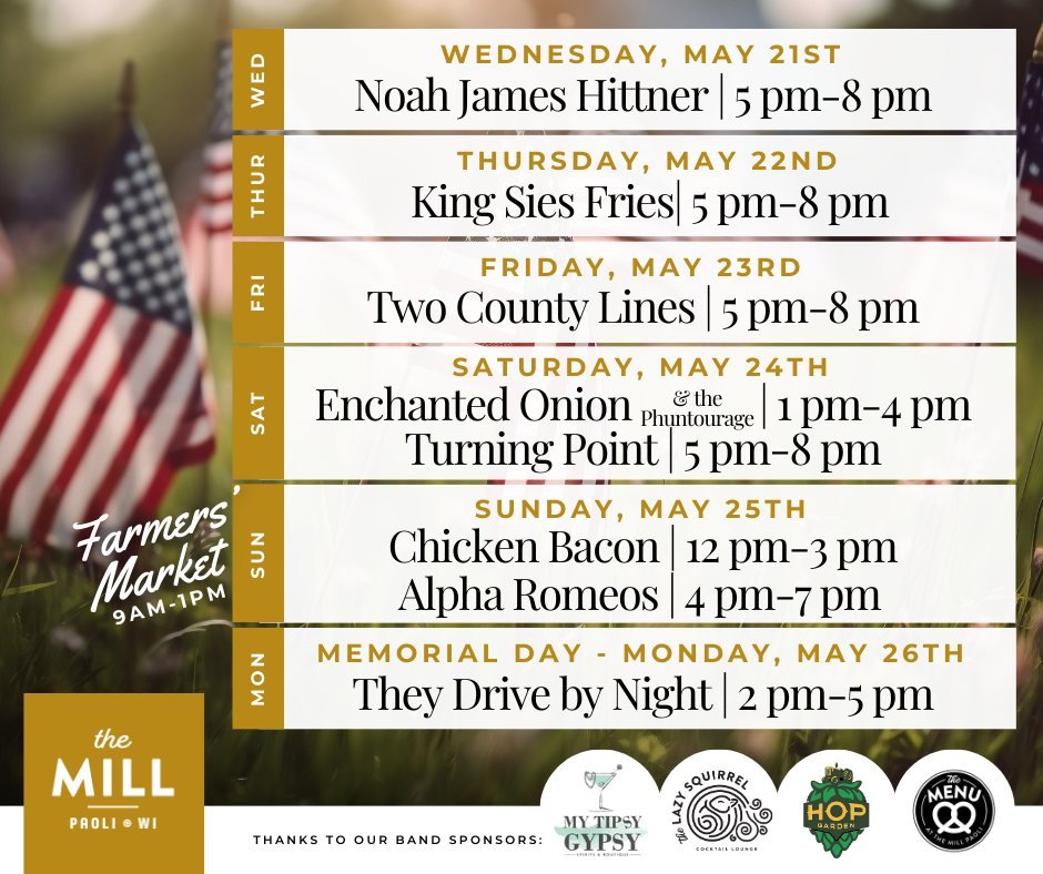 Memorial Day Weekend at The Mill Paoli = Riverside Relaxation + Awesome Live Music + Farmers' Market + Great Food &amp; Drink + Amazing Company! 🎶 

Enjoy Noah James Hittner, King Sies Fries, Two County Lines, Enchanted Onion, Turning Point Band, Ch